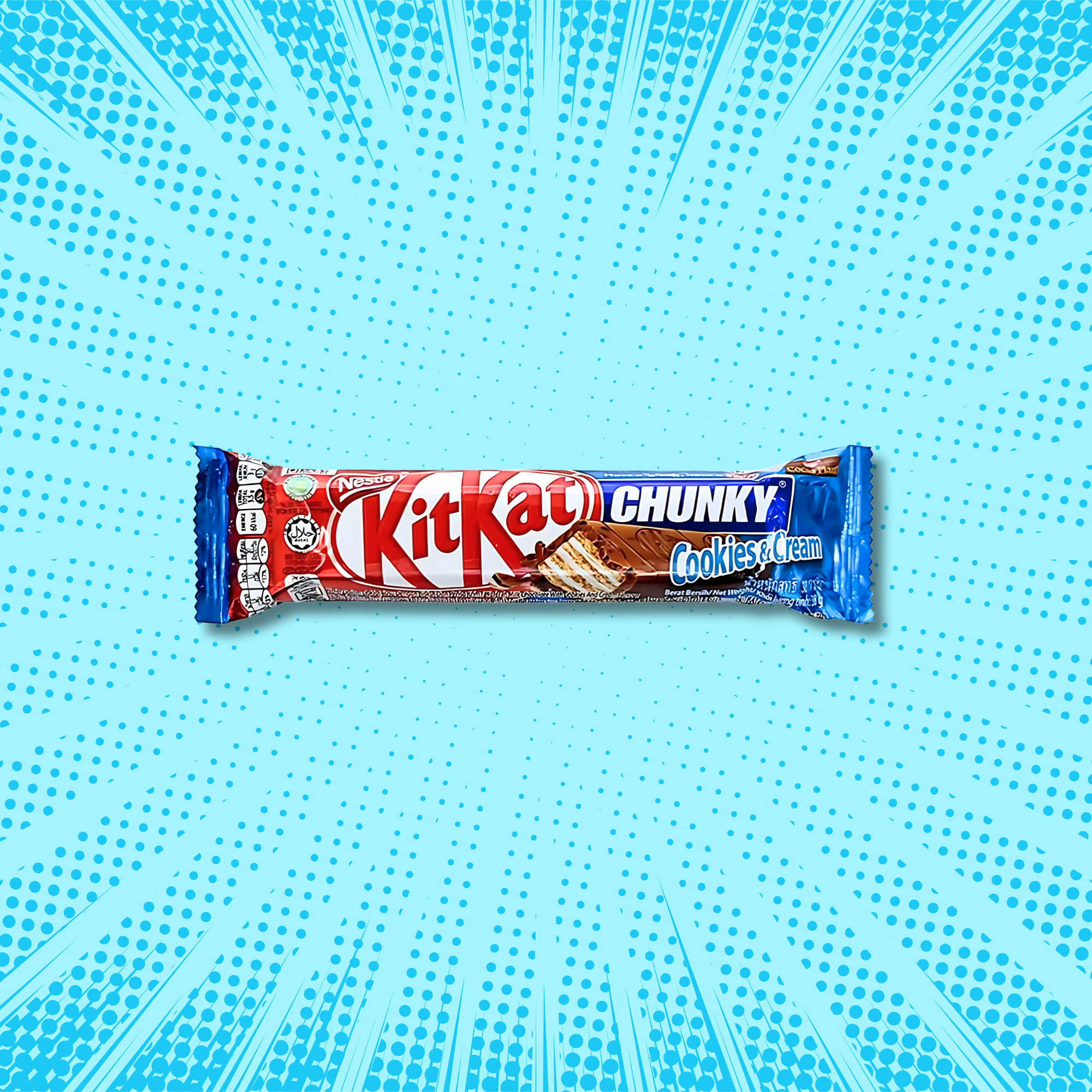 Packaged KitKat Chunky Cookies & Cream bar centered on a vibrant blue comic-style burst background.