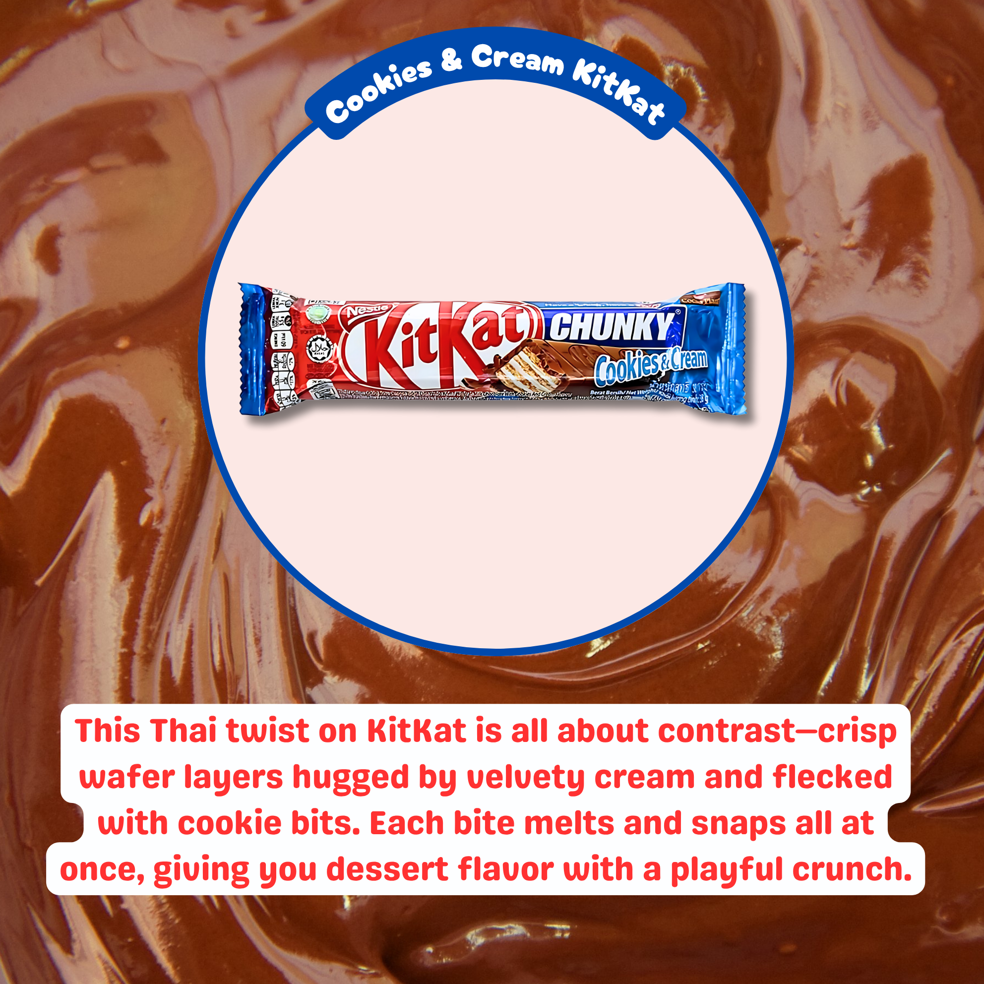 KitKat Chunky Cookies & Cream bar featured over a swirl of melted chocolate with product description in red and white text.