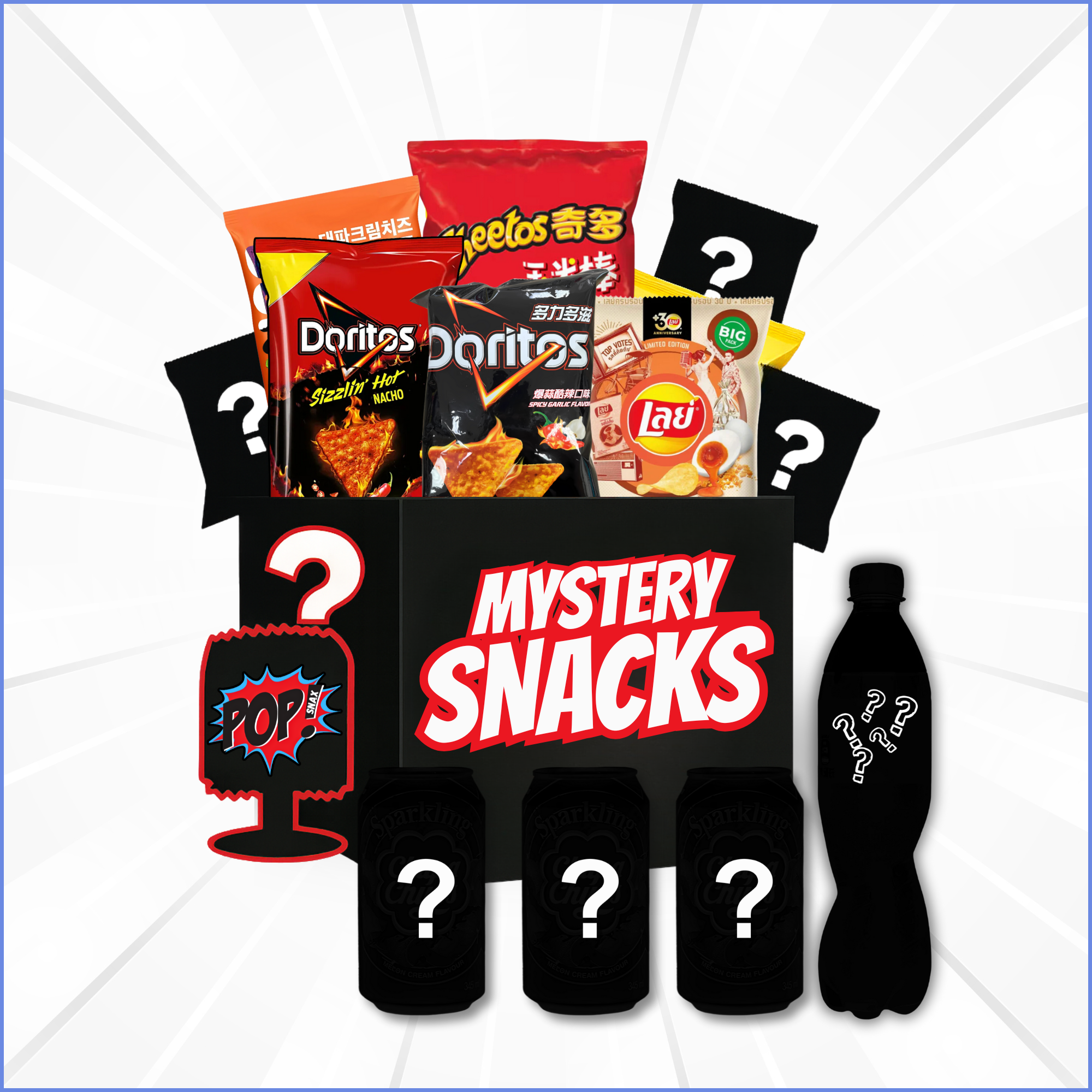 Pop Snax “Sips & Chips: WTF Mystery Edition” box featuring a bold comic-style design and mystery-themed product imagery.