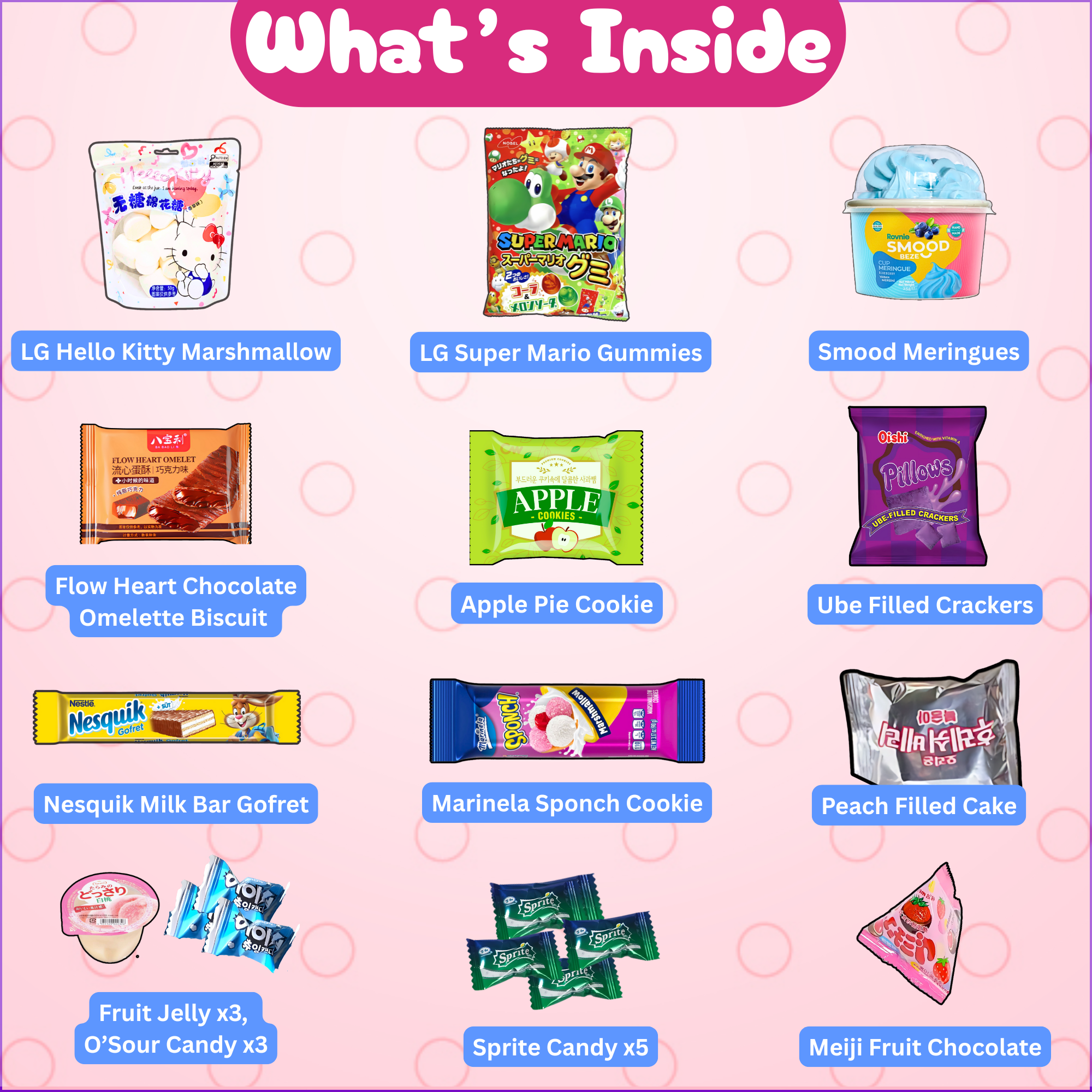 Visual of the contents of the Sweet Tooth Box with product names and product visuals on a light pink background and the header text "What's Inside"