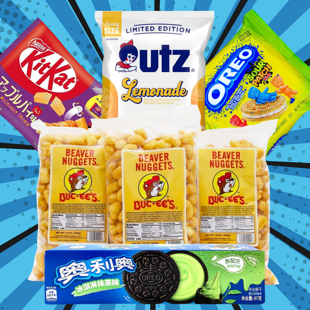  Rare snacks collage: Apple Pie KitKat, UTZ Lemonade Chips, Sour Patch Oreos, Matcha Oreos, and Buc-ee’s Beaver Nuggets on blue background.