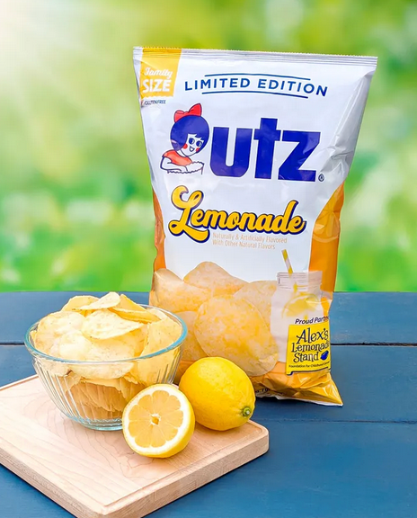 Front of Limited Edition Lemonade Chips bag with citrus-themed packaging design