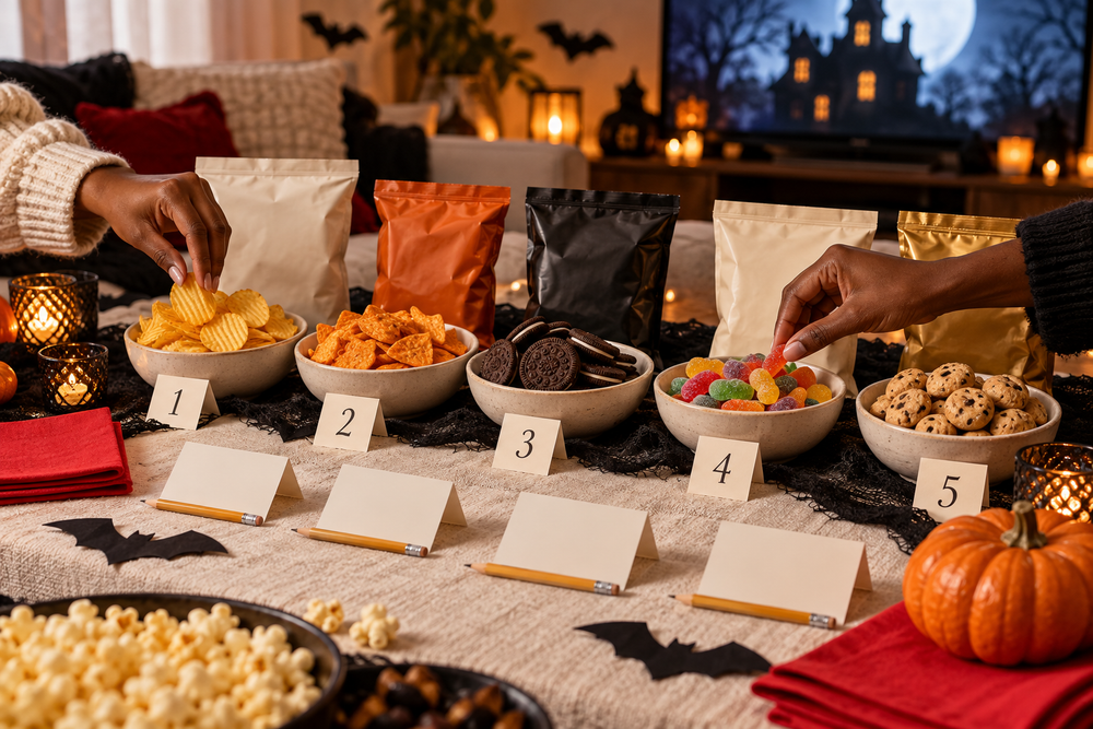 Halloween snack tasting table with five numbered bowls and blank scorecards