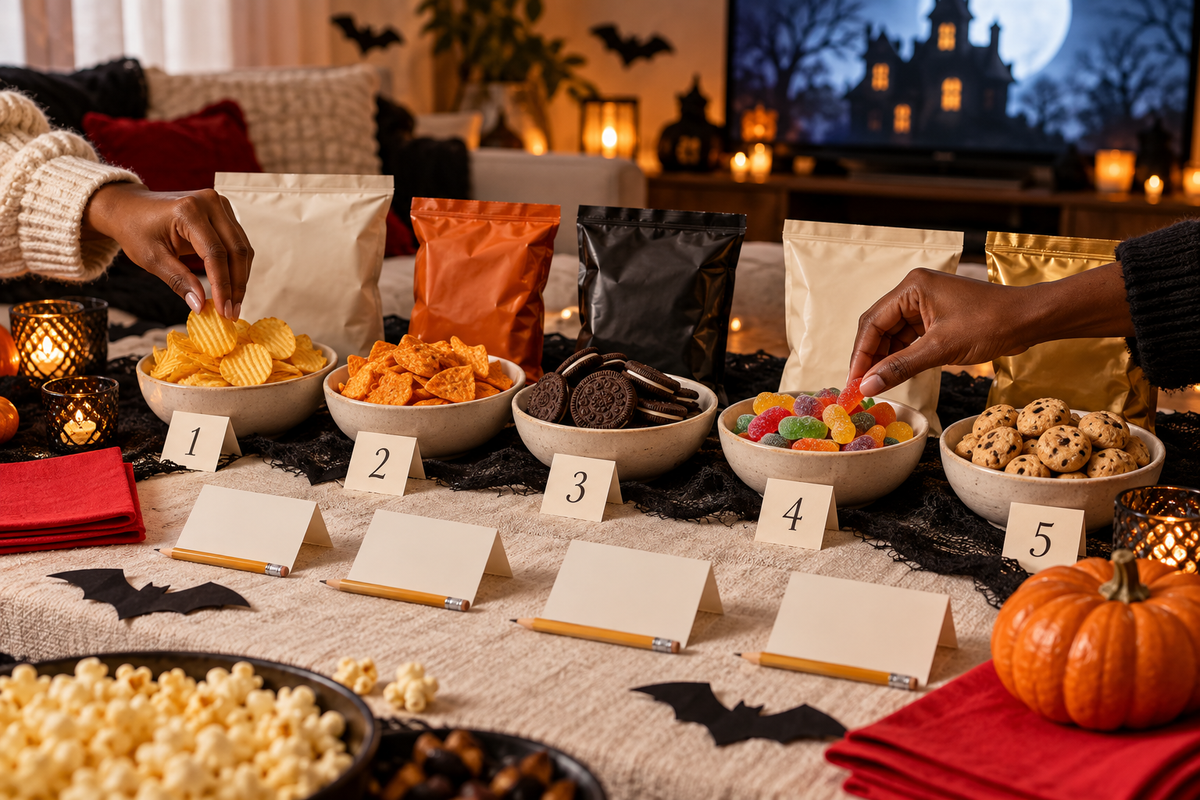 Halloween snack tasting table with five numbered bowls and blank scorecards