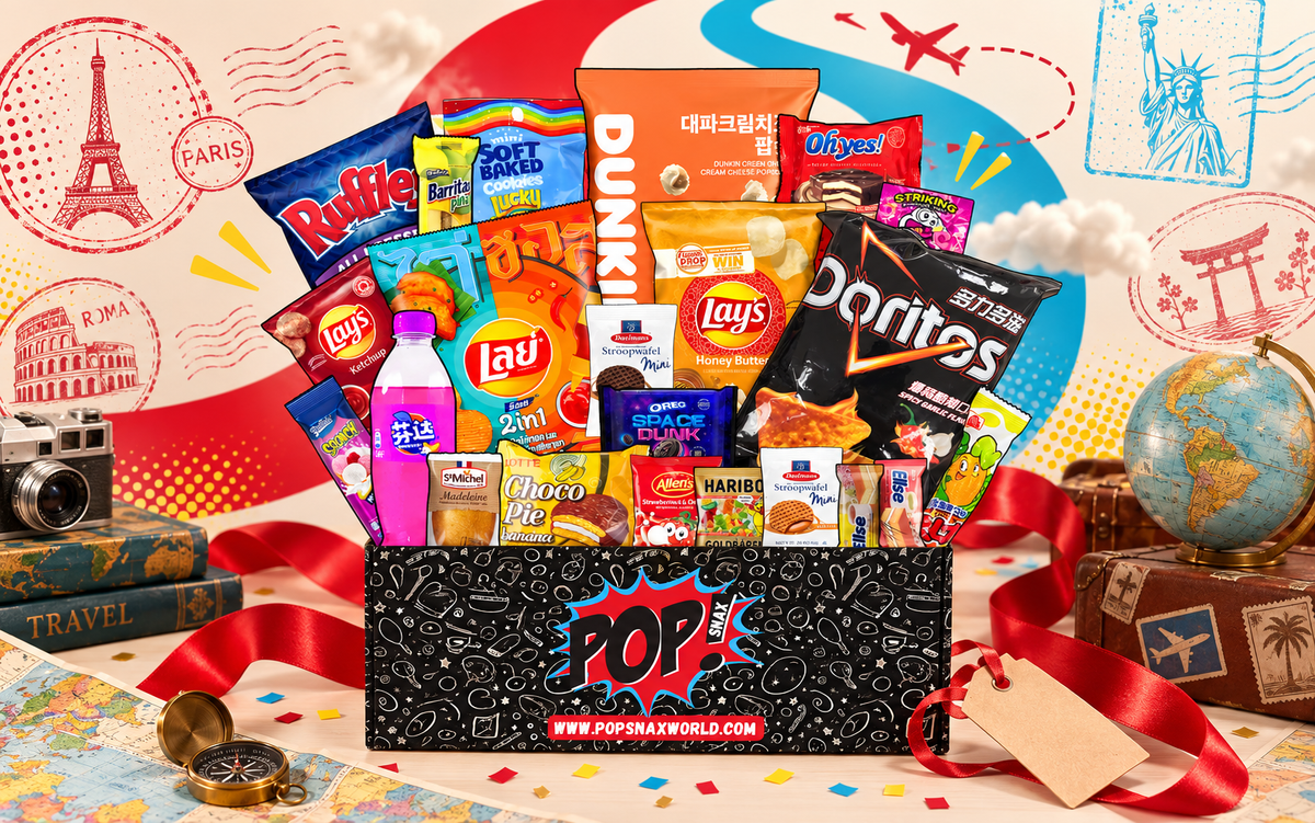 Pop Snax Main Character international snack gift box surrounded by travel-inspired gift details