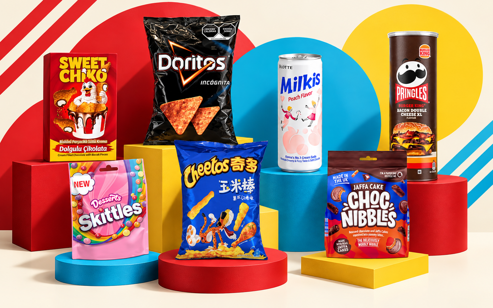 Seven wild international snacks arranged in a colorful Pop Snax editorial display
