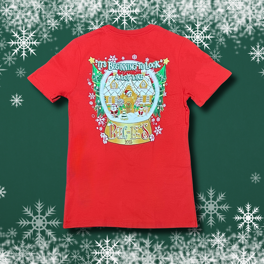 Buc-ee's 2023 Christmas Tee (Back of Shirt with "It's Beginning To Look A Lot Like..." wording & Snow Globe Design)