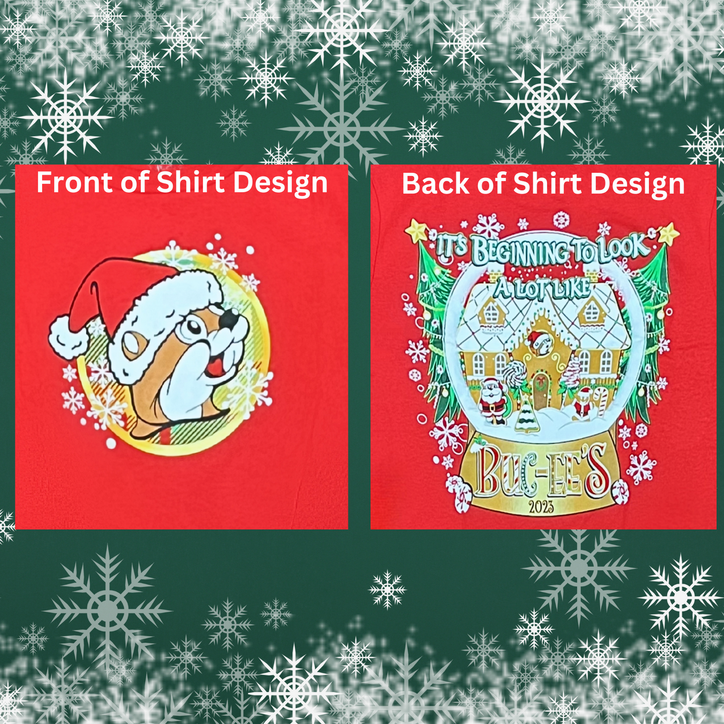 Buc-ee's 2023 Christmas Tee (Front of Shirt & Back Of Shirt Designs up close)