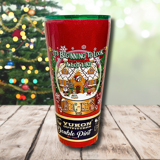 Buc-ee’s 2023 red Christmas Tumbler; “It’s beginning to look a lot like…” Front of cup