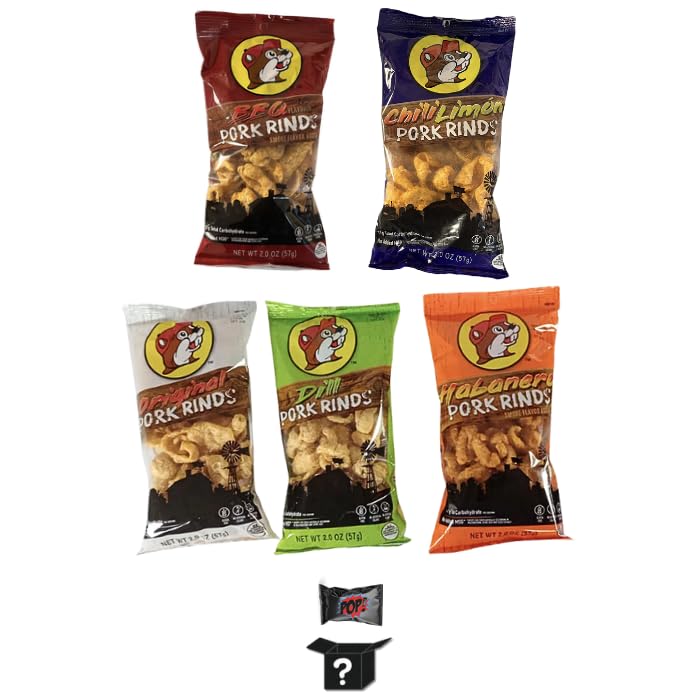 BuceeVariety Pack Pork Rinds Plus Pop Snax Mystery Snack, Assorted Flavors: Original, Chili Limon, Habanero, BBQ, Dill, Keto Friendly, 5-Pack, Pork Rinds, BuceeSnacks | Beaver Snacks