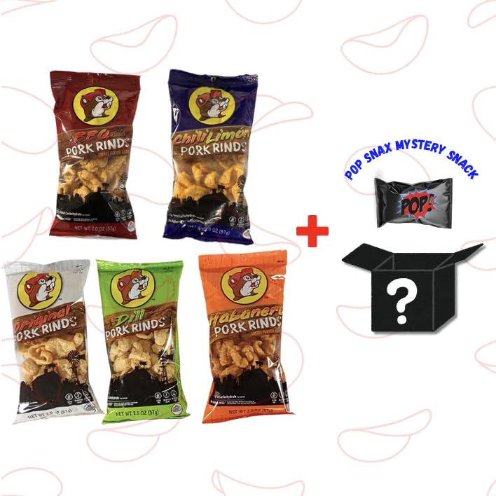 BuceeVariety Pack Pork Rinds Plus Pop Snax Mystery Snack, Assorted Flavors: Original, Chili Limon, Habanero, BBQ, Dill, Keto Friendly, 5-Pack, Pork Rinds, BuceeSnacks | Beaver Snacks