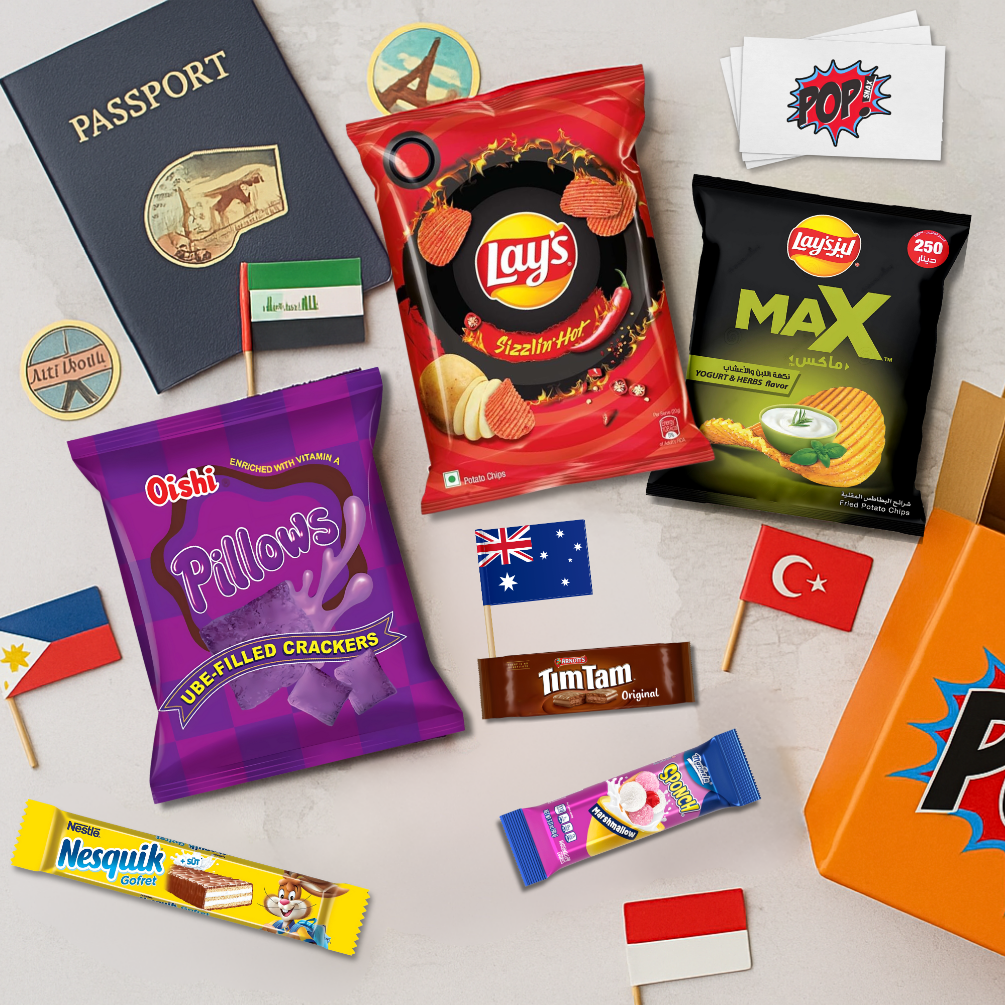 Assorted snacks including Lay's, Oishi Pillows, Tim Tam, Nestle Nesquik, and a passport on a light gray background, showcasing all of the global snack origins. 