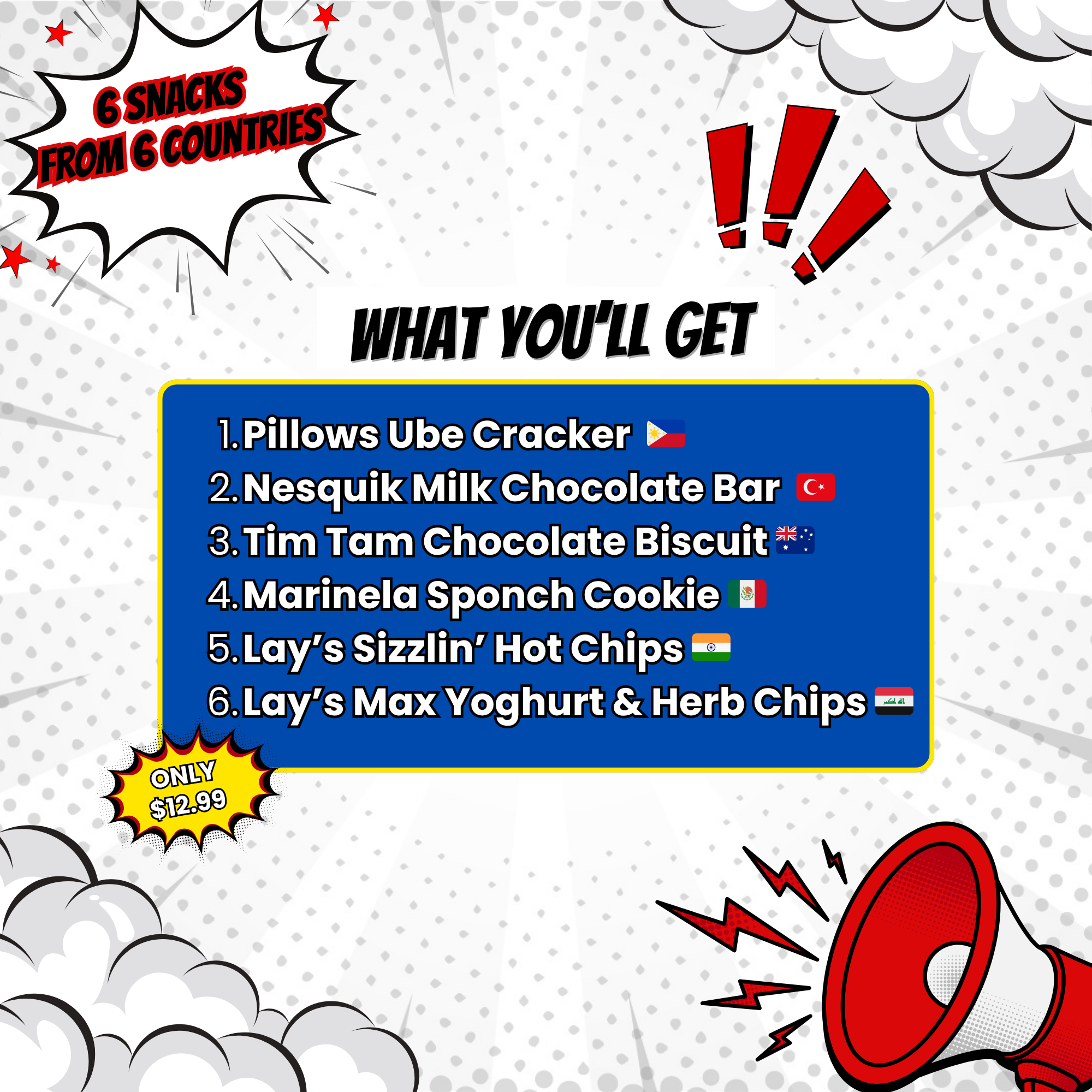 Promotional graphic listing snacks from different countries with a price tag on a comic book style background.