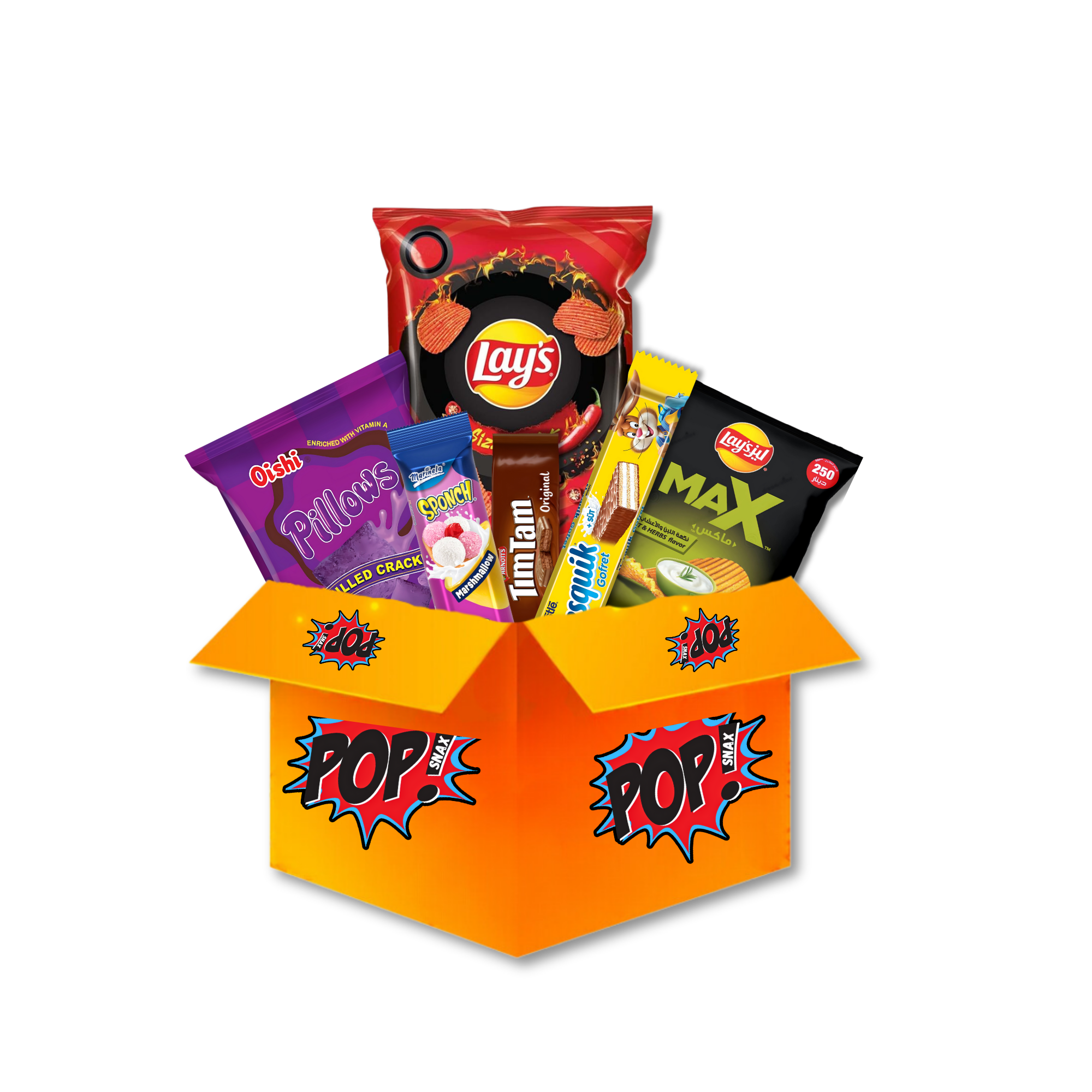 Box of global snacks including Lay's, Oreo, and other brands on a white background
