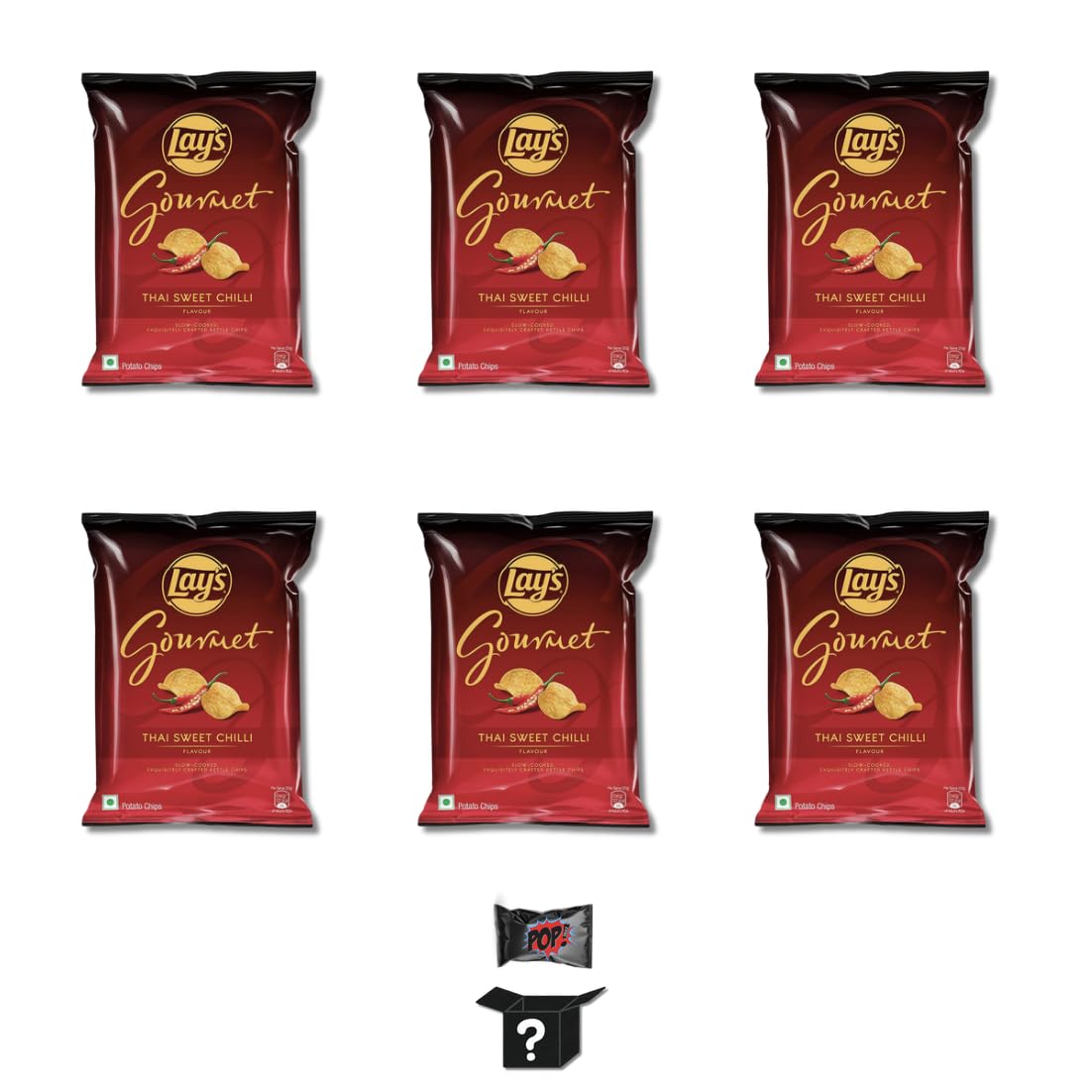 Pop Snax Lay's Gourmet Vintage Cheese & Paprika Indian Chips, with Pop Snax Mystery Snack | Gourmet Kettle Chips [Imported from India], 6 Pack | 55g (total 495g) | Indian Lays