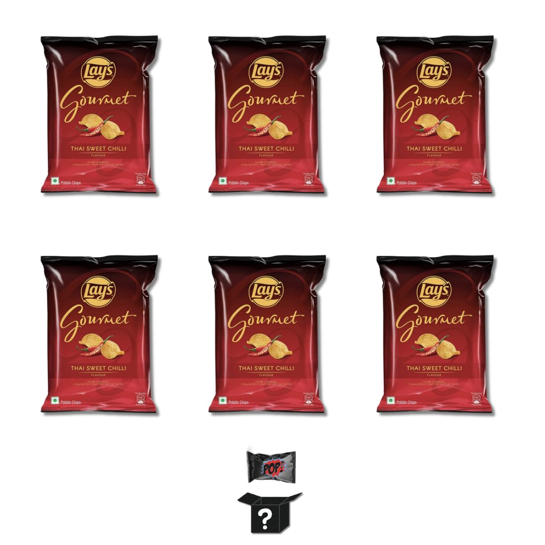 Pop Snax Lay's Gourmet Thai Sweet Chilli Indian Chips, with Pop Snax Mystery Snack | Gourmet Kettle Chips [Imported from India], 6 Pack | 55g (total 495g) | Indian Lays