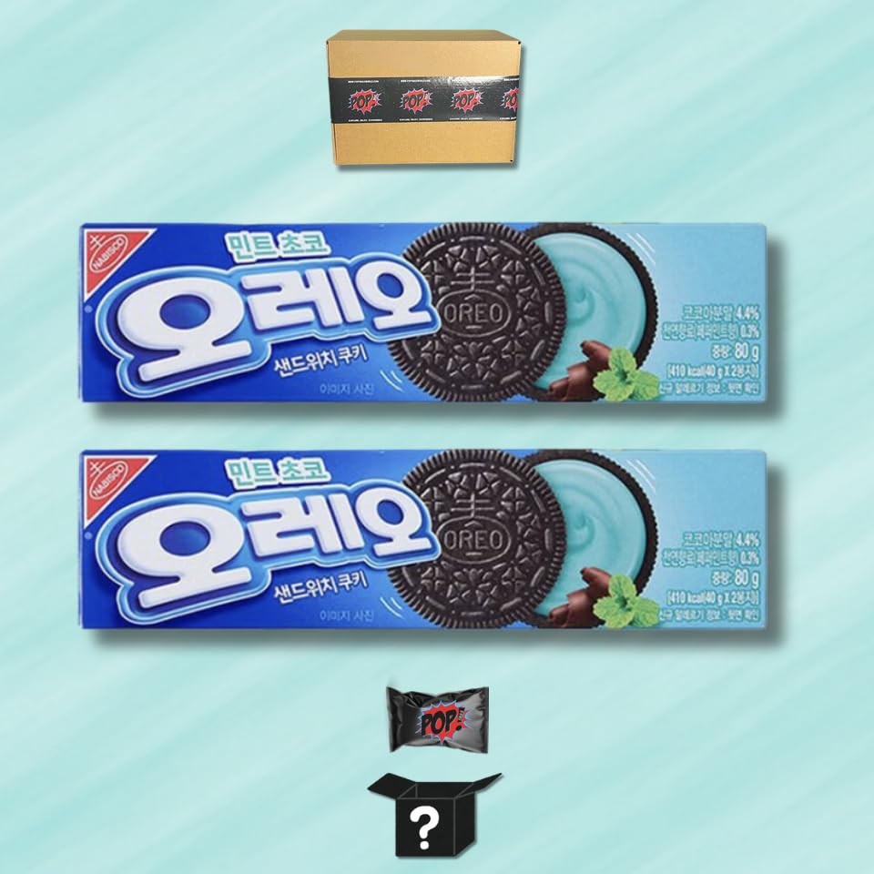 Oreo Mint Chocolate Sandwich Cookies (Imported from Korea), with Pop Snax Mystery Snack | Asian Oreo Mint Chocolate Sandwich Cookies, 6 oz, 2 Packs | Limited Edition Oreo