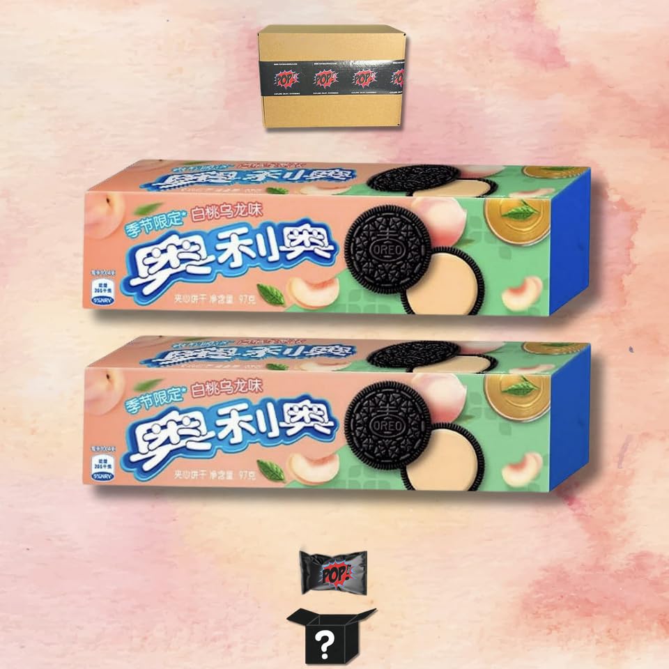 Oreo Peach Oolong Tea Sandwich Cookies (Imported from Taiwan), with Pop Snax Mystery Snack | Asian Oreo Peach Oolong Tea Sandwich Cookies, 6 oz, 2 Packs | Limited Edition Oreo