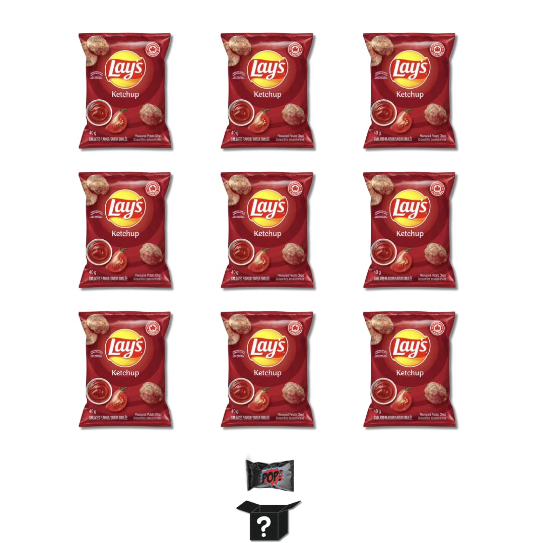 Pop Snax Canadian Lays Ketchup Chips 40g | Ketchup Potato Chips | Gluten Free, Imported From Canada Bundle Pack Amazing Canadian Snacks (9X-Pack) | Foreign Chips and Snacks