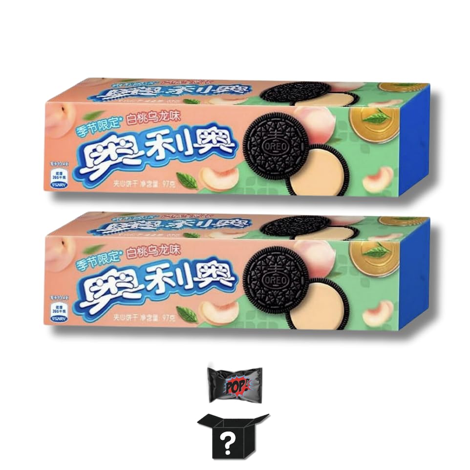 Oreo Peach Oolong Tea Sandwich Cookies (Imported from Taiwan), with Pop Snax Mystery Snack | Asian Oreo Peach Oolong Tea Sandwich Cookies, 6 oz, 2 Packs | Limited Edition Oreo