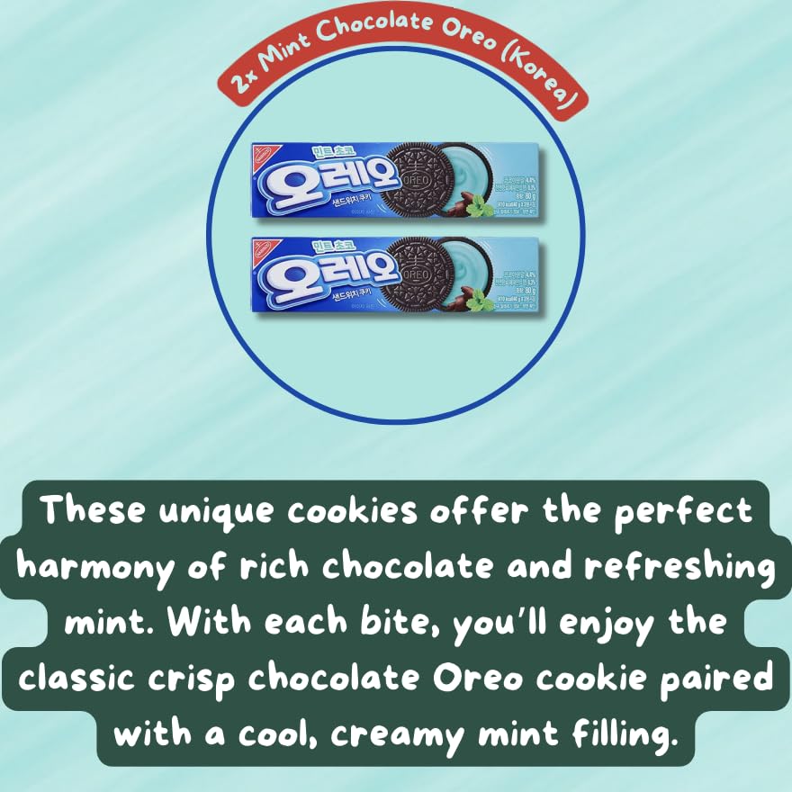 Oreo Mint Chocolate Sandwich Cookies (Imported from Korea), with Pop Snax Mystery Snack | Asian Oreo Mint Chocolate Sandwich Cookies, 6 oz, 2 Packs | Limited Edition Oreo