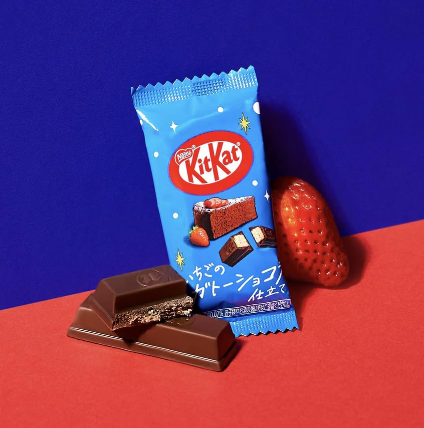 Limited Edition Japanese Kit Kat – Strawberry Gateau Flavor with Blue Foil Packaging and Chocolate Squares