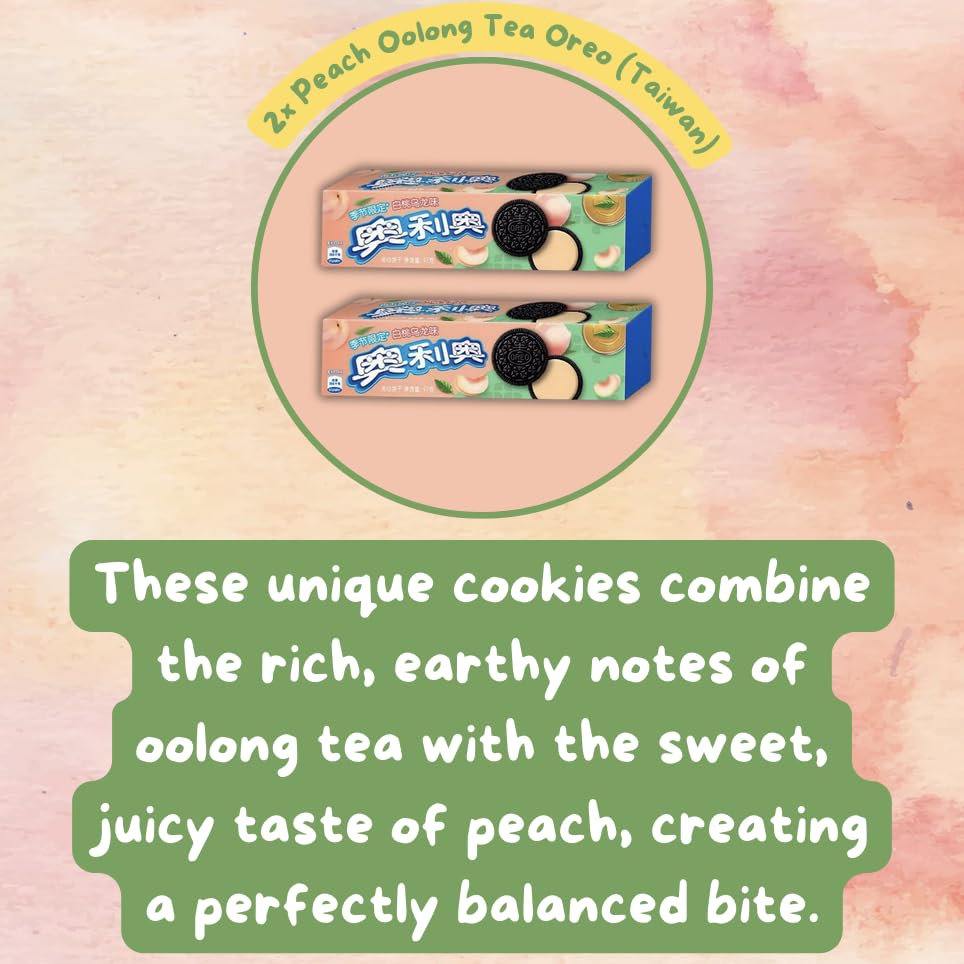 Oreo Peach Oolong Tea Sandwich Cookies (Imported from Taiwan), with Pop Snax Mystery Snack | Asian Oreo Peach Oolong Tea Sandwich Cookies, 6 oz, 2 Packs | Limited Edition Oreo