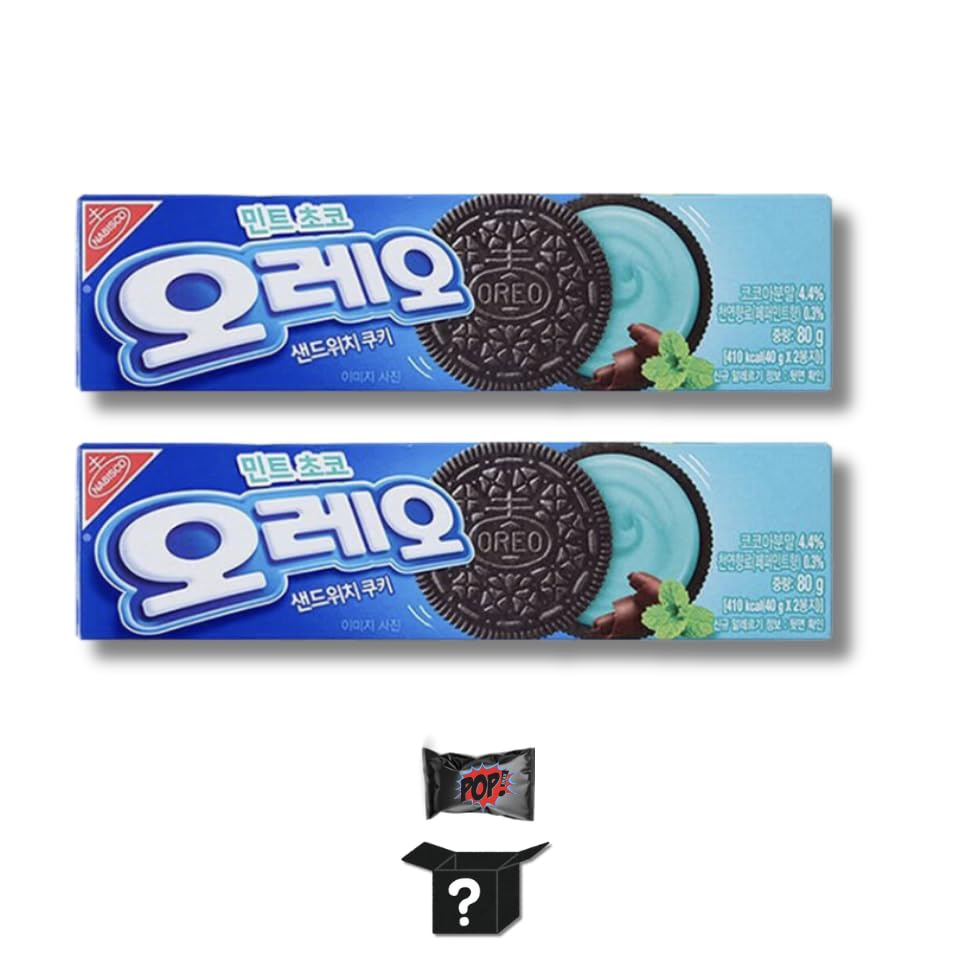 Oreo Mint Chocolate Sandwich Cookies (Imported from Korea), with Pop Snax Mystery Snack | Asian Oreo Mint Chocolate Sandwich Cookies, 6 oz, 2 Packs | Limited Edition Oreo