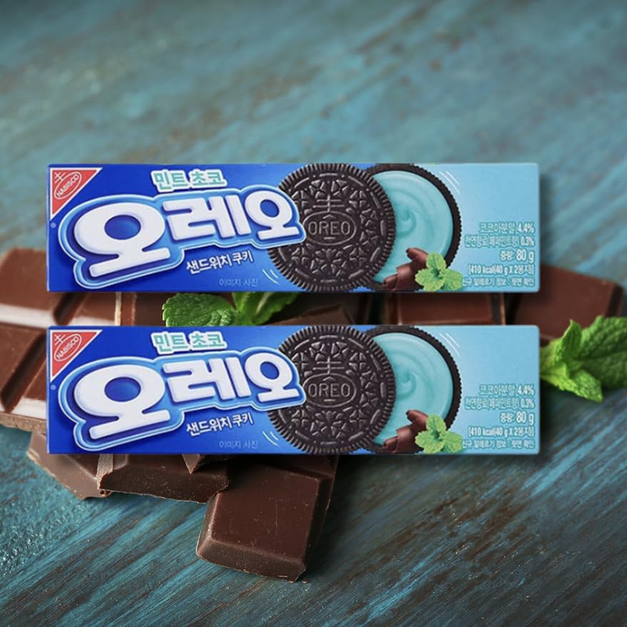 Oreo Mint Chocolate Sandwich Cookies (Imported from Korea), with Pop Snax Mystery Snack | Asian Oreo Mint Chocolate Sandwich Cookies, 6 oz, 2 Packs | Limited Edition Oreo