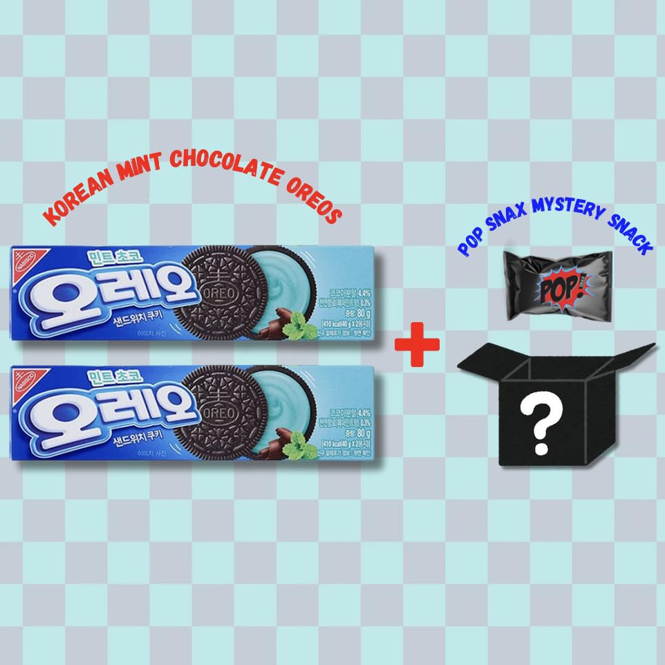 Oreo Mint Chocolate Sandwich Cookies (Imported from Korea), with Pop Snax Mystery Snack | Asian Oreo Mint Chocolate Sandwich Cookies, 6 oz, 2 Packs | Limited Edition Oreo