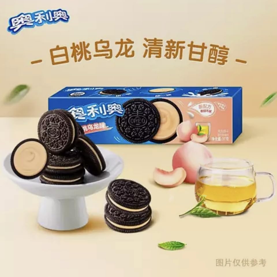 Oreo Peach Oolong Tea Sandwich Cookies (Imported from Taiwan), with Pop Snax Mystery Snack | Asian Oreo Peach Oolong Tea Sandwich Cookies, 6 oz, 2 Packs | Limited Edition Oreo