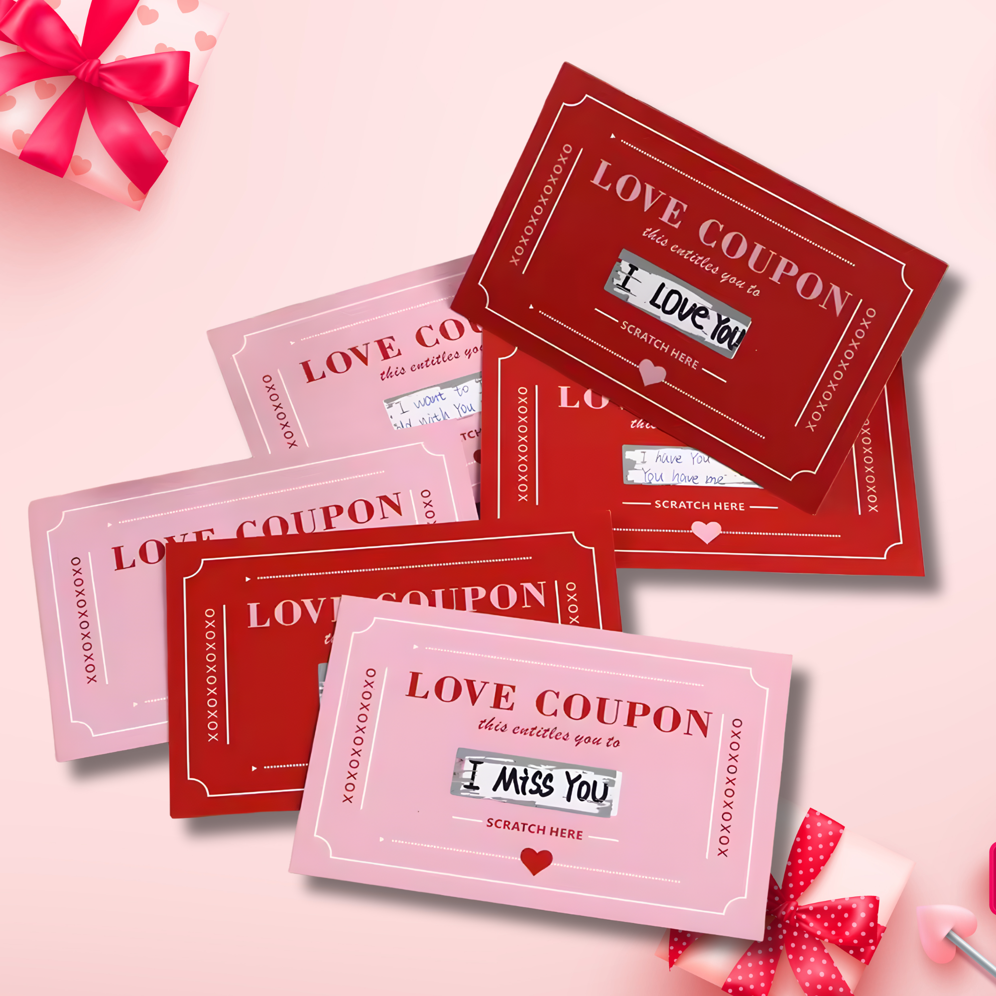Valentine’s scratch-off love coupon cards in red and pink designs against a pink gift background.
