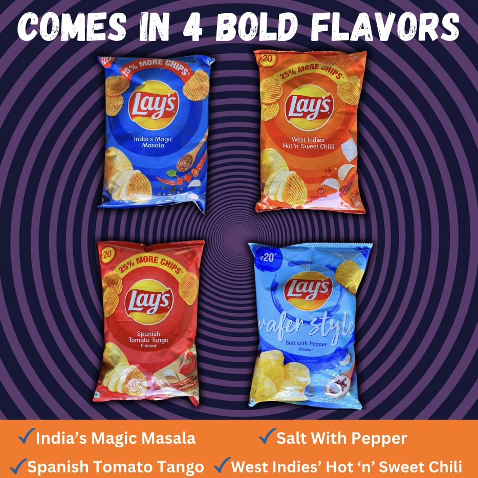 Pop SNAX Indian Chips Variety Sampler Pack - India's Magic Masala, West Indies' Hot 'n' Sweet Chili, Spanish Tomato Tango, Wafer Style Salt & Pepper, Imported Exclusive Assorted Flavors | Foreign Snack Chip Flavors