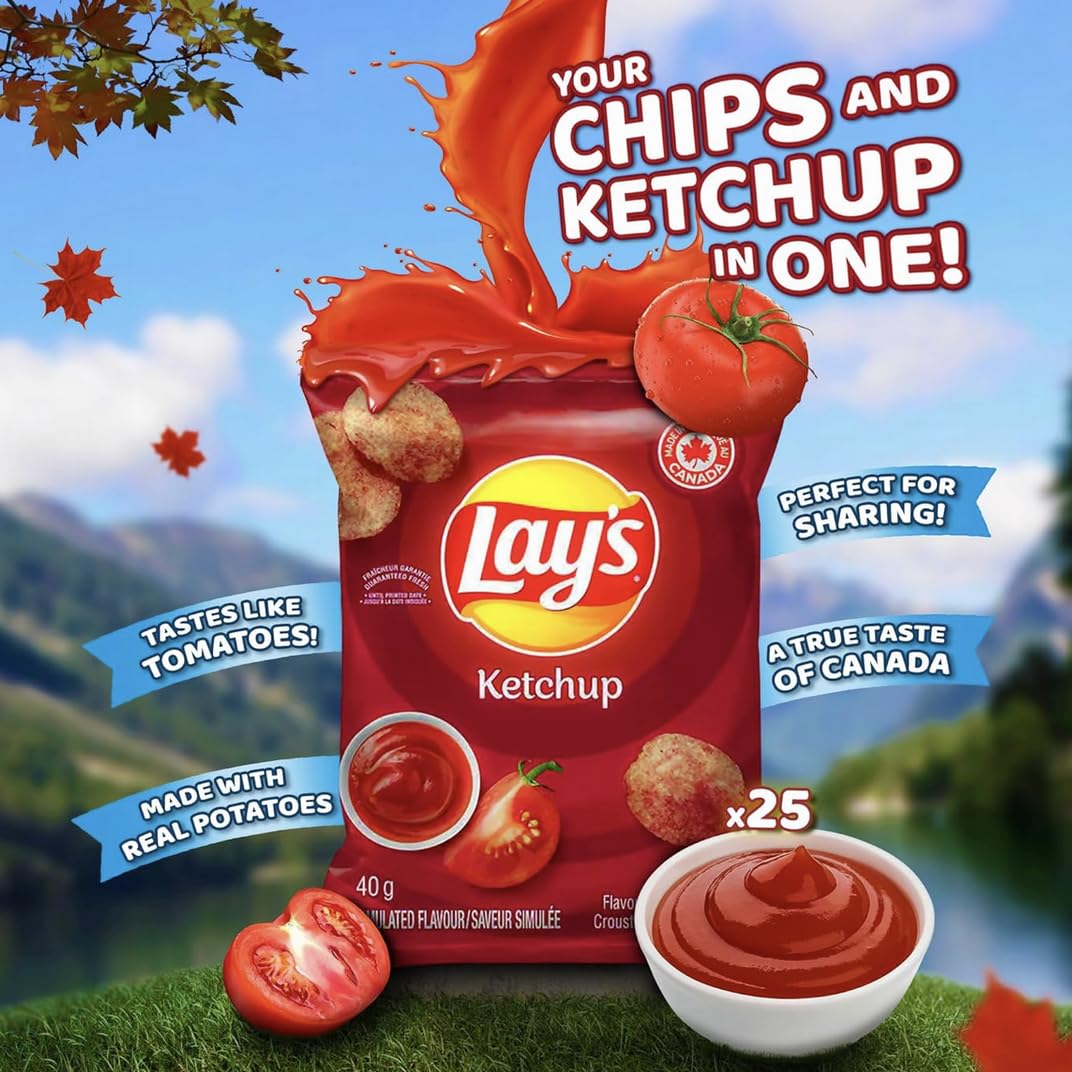 Pop Snax Canadian Lays Ketchup Chips 40g | Ketchup Potato Chips | Gluten Free, Imported From Canada Bundle Pack Amazing Canadian Snacks (9X-Pack) | Foreign Chips and Snacks