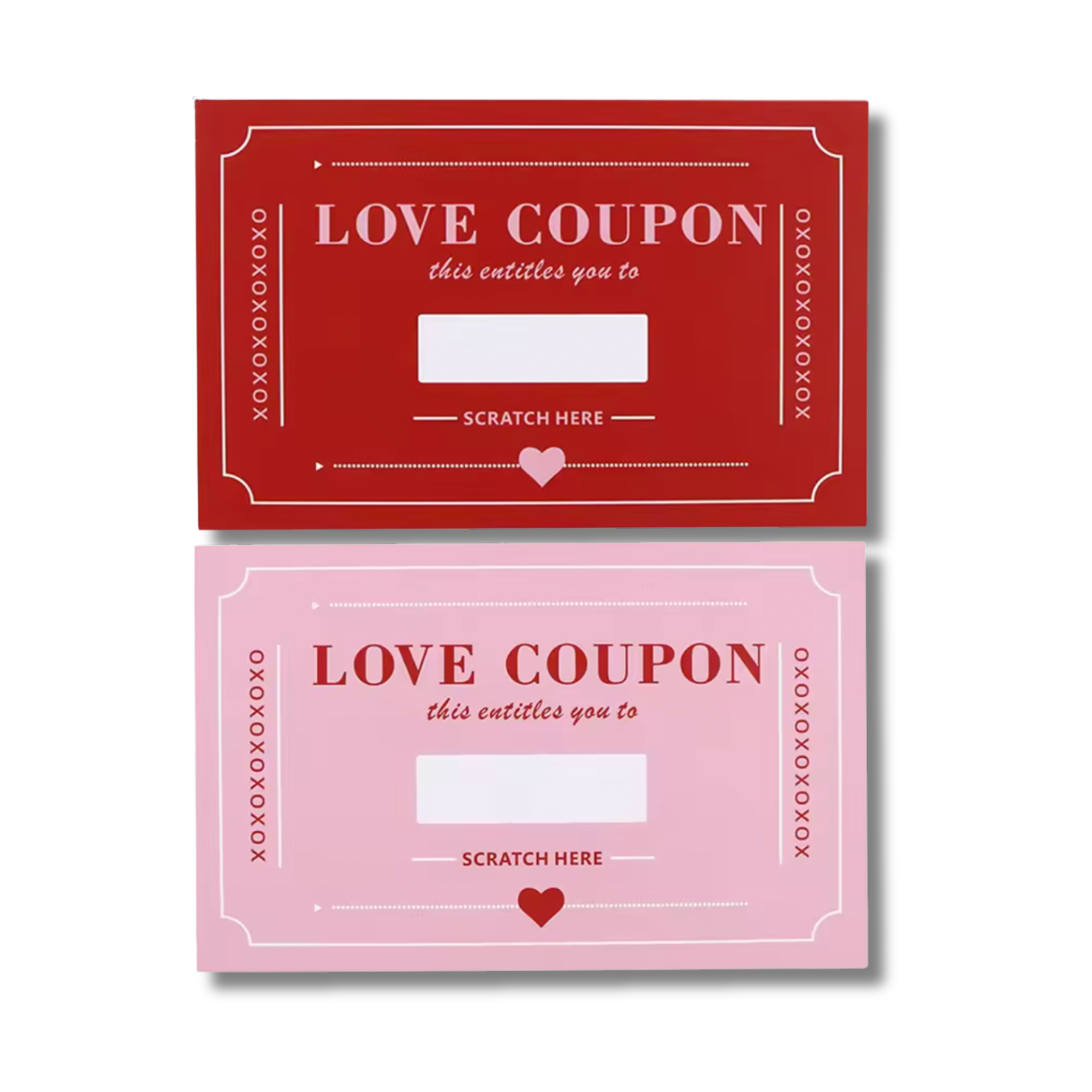 Valentine’s scratch-off love coupon cards in red and pink designs against a white background.