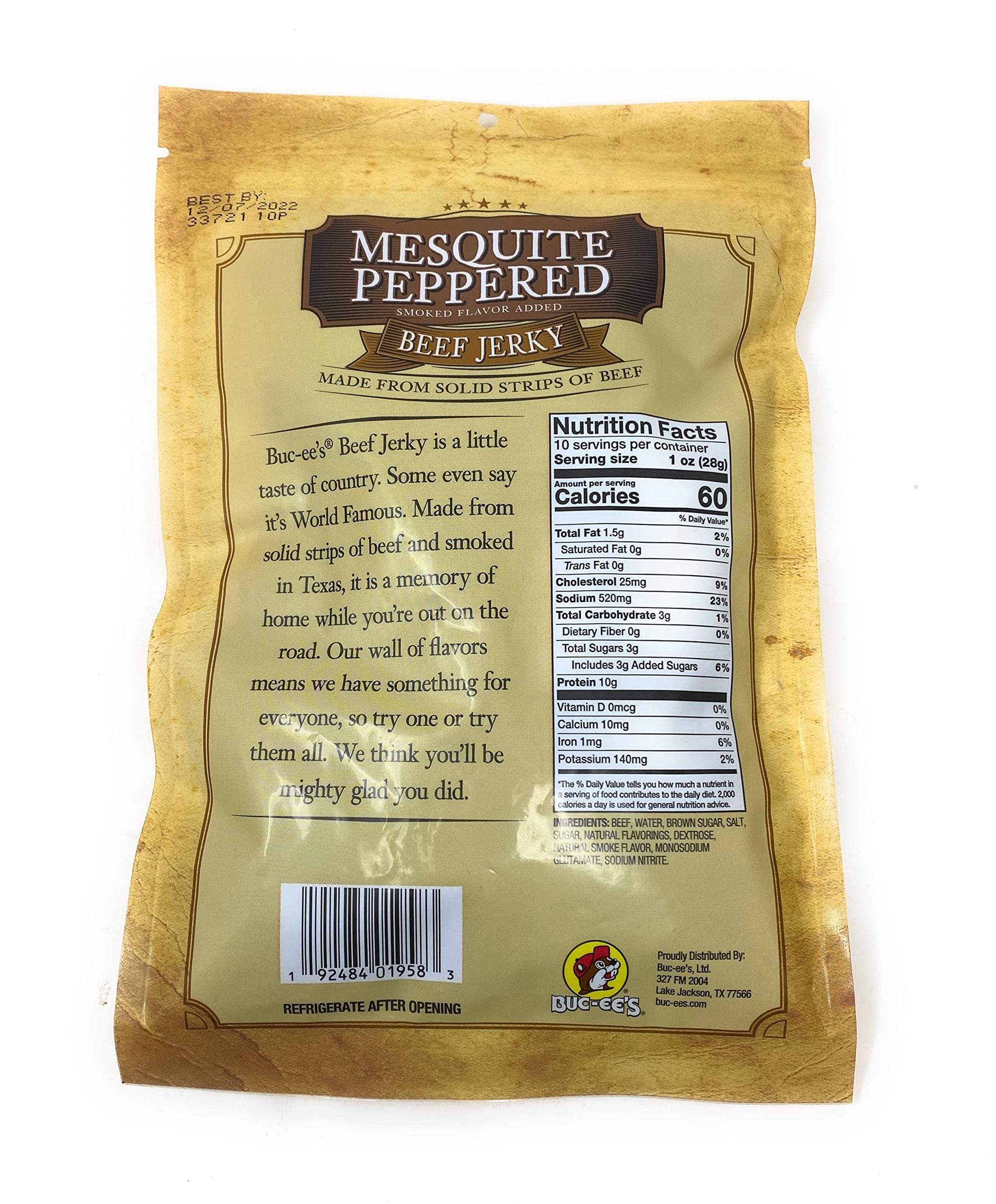 Buc-ees Texas Hill Country Brand Mesquite Peppered Beef Jerky in Resealable Bag (One Bag, 10 Ounces)