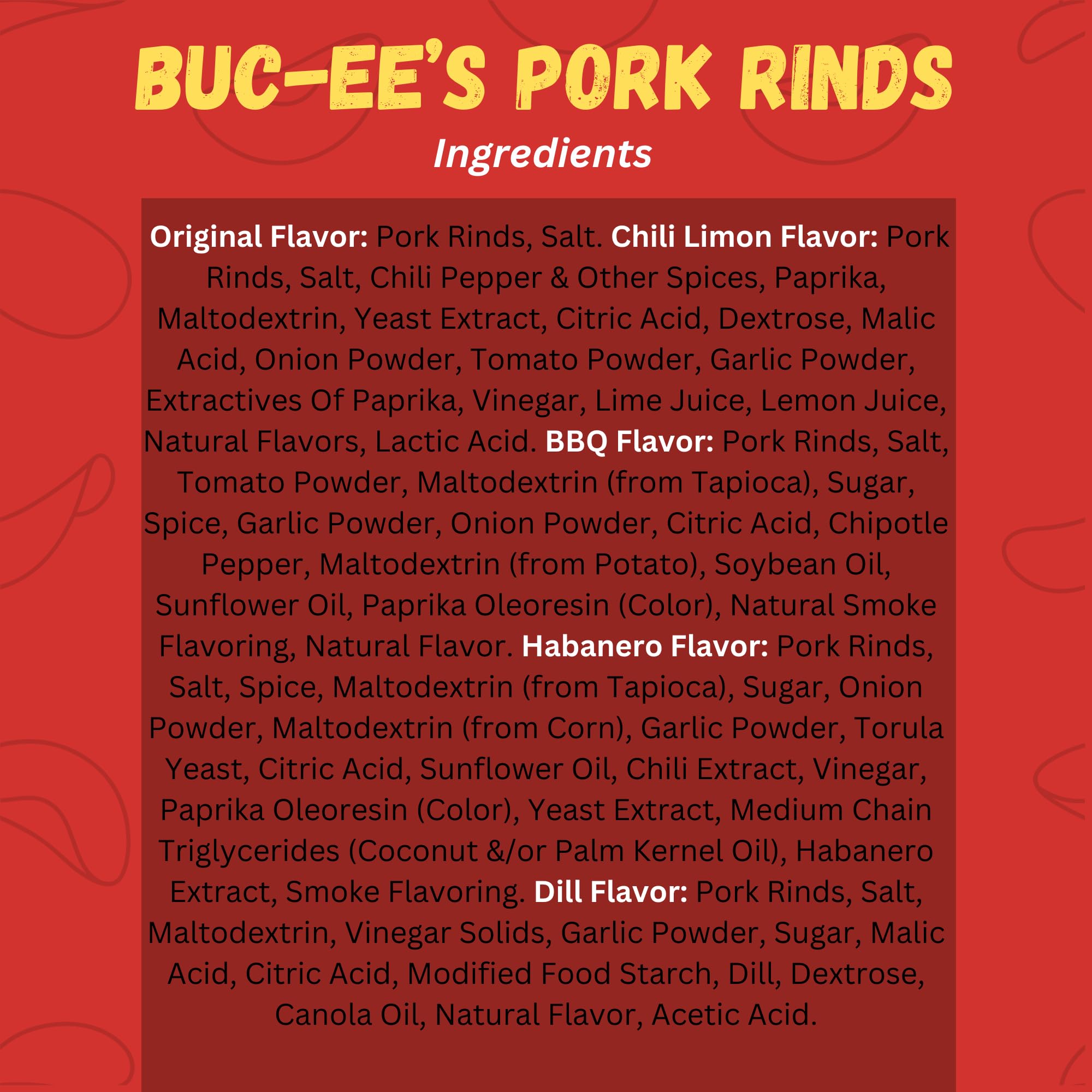 Bucee Pork Rinds, Assorted Flavors: Original, Chili Limon, Habanero, BBQ, Dill, Keto Friendly, 2 Oz Bags