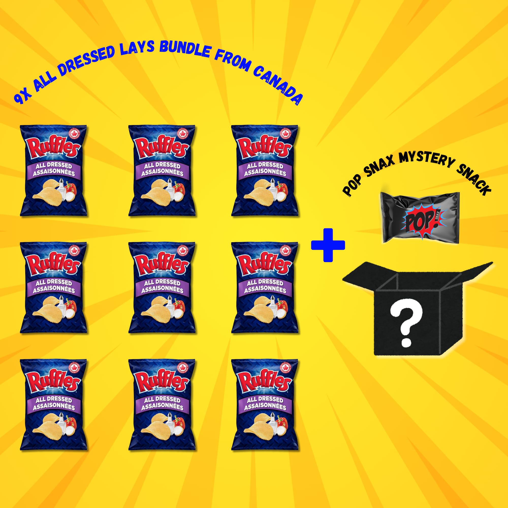 Pop Snax Canadian Ruffles All Dressed Chips, 40g, All Dressed Potato Chips, Imported From Canada, 9-Pack Bundle, Gluten Free Canadian Snack, with Pop