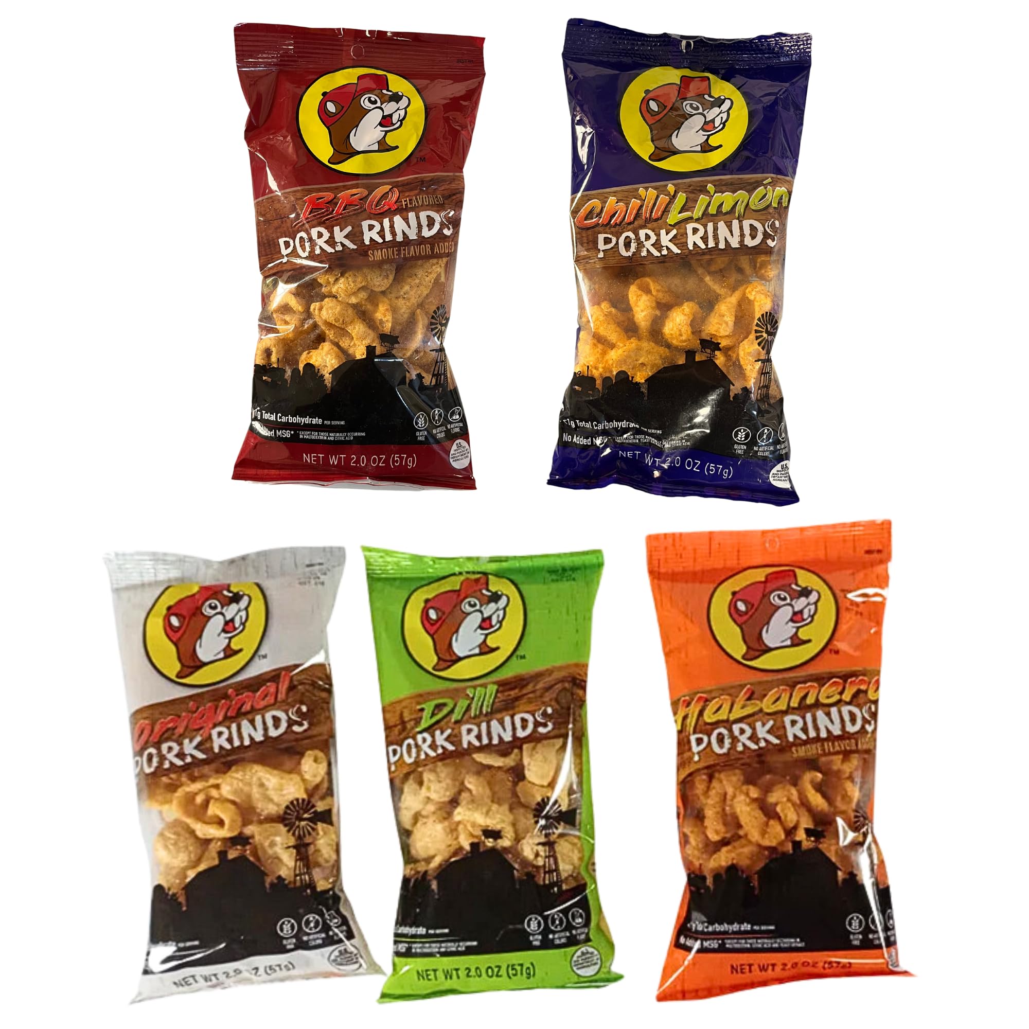 Bucee Pork Rinds, Assorted Flavors: Original, Chili Limon, Habanero, BBQ, Dill, Keto Friendly, 2 Oz Bags