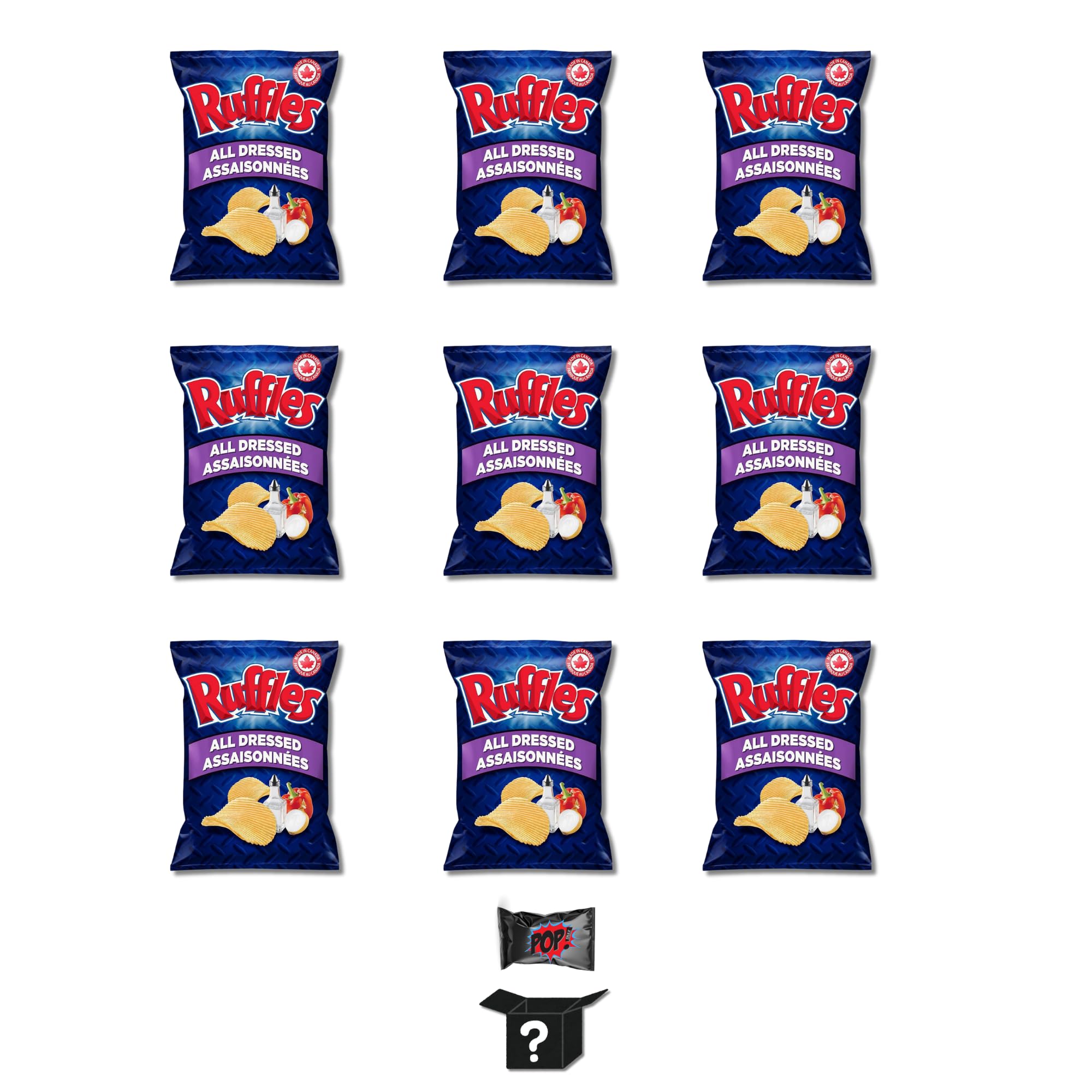 Pop Snax Canadian Ruffles All Dressed Chips, 40g, All Dressed Potato Chips, Imported From Canada, 9-Pack Bundle, Gluten Free Canadian Snack, with Pop Snax Mystery Snack