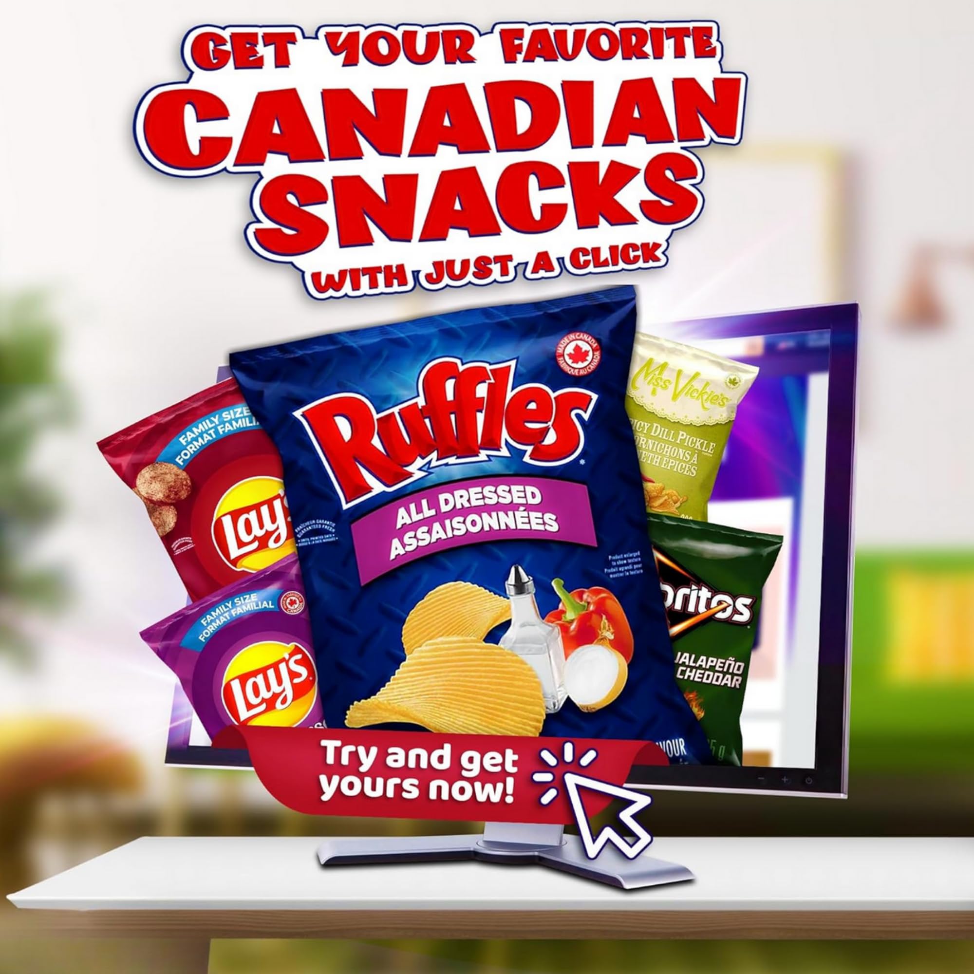 Pop Snax Canadian Ruffles All Dressed Chips, 40g, All Dressed Potato Chips, Imported From Canada, 9-Pack Bundle, Gluten Free Canadian Snack, with Pop Snax Mystery Snack