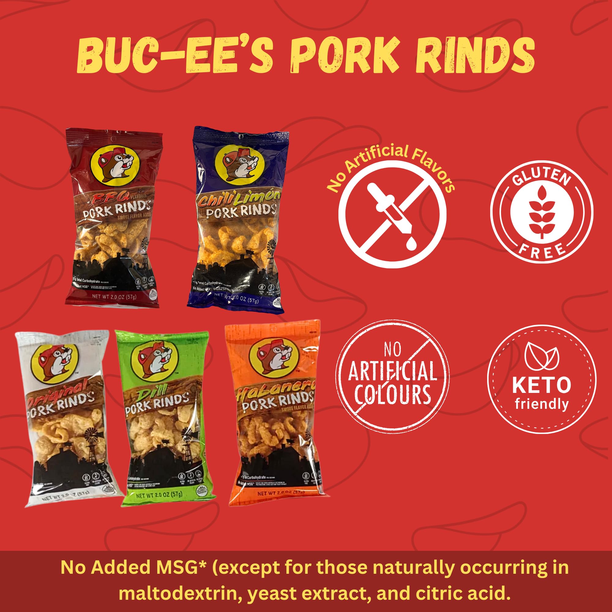 Bucee Pork Rinds, Assorted Flavors: Original, Chili Limon, Habanero, BBQ, Dill, Keto Friendly, 2 Oz Bags