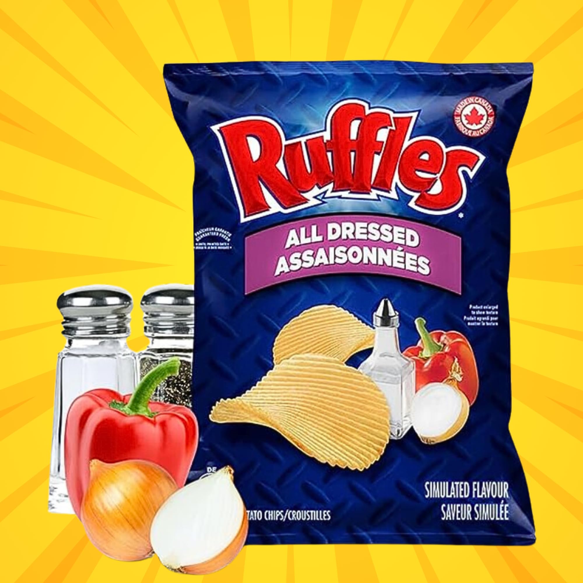 Pop Snax Canadian Ruffles All Dressed Chips, 40g, All Dressed Potato Chips, Imported From Canada, 9-Pack Bundle, Gluten Free Canadian Snack, with Pop Snax Mystery Snack