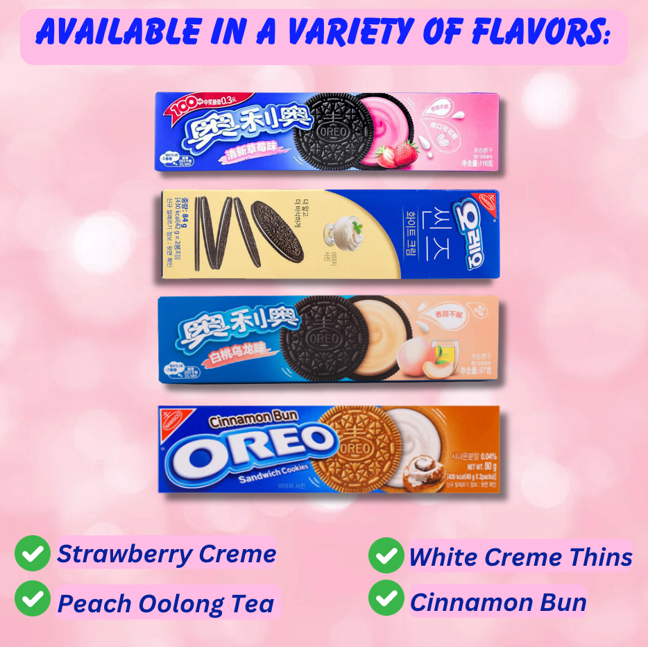 Asian Oreo Sampler Set - Peach Oolong Tea Oreo, Strawberry Creme Oreo, White Creme Oreo, Cinnamon Bun Oreo. Best Oreo Flavors in a limited edition variety pack. 