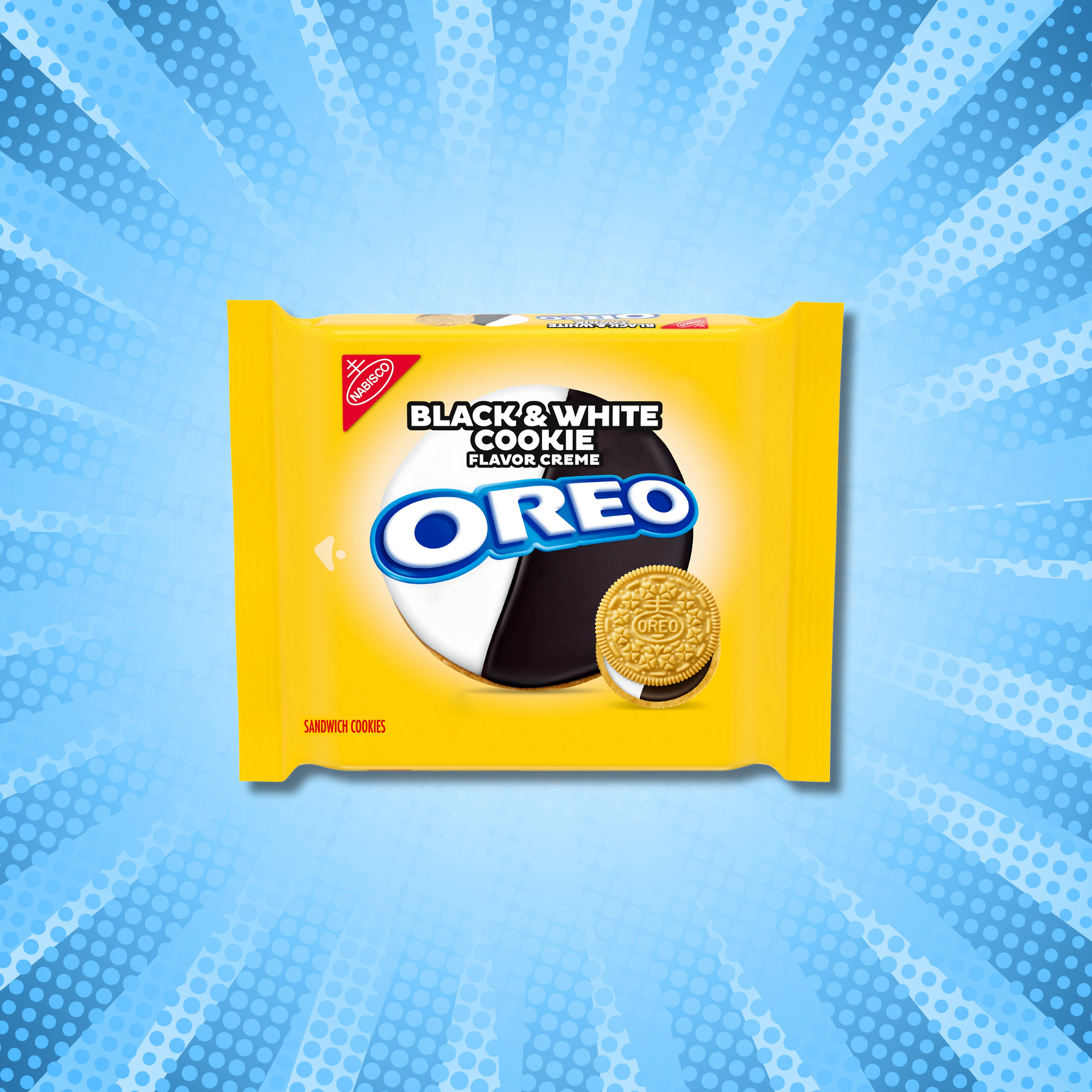 Black & White Cookie Oreo package on a blue comic-style burst background.