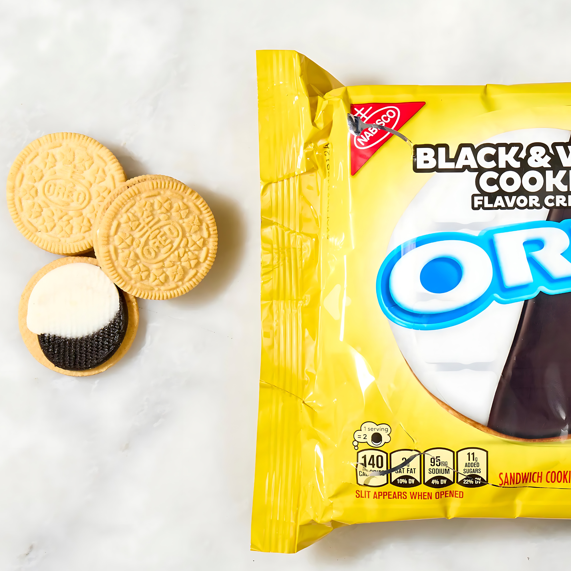 Clean product image of Black & White Cookie Oreo packaging with yellow wrapper and cookie visual