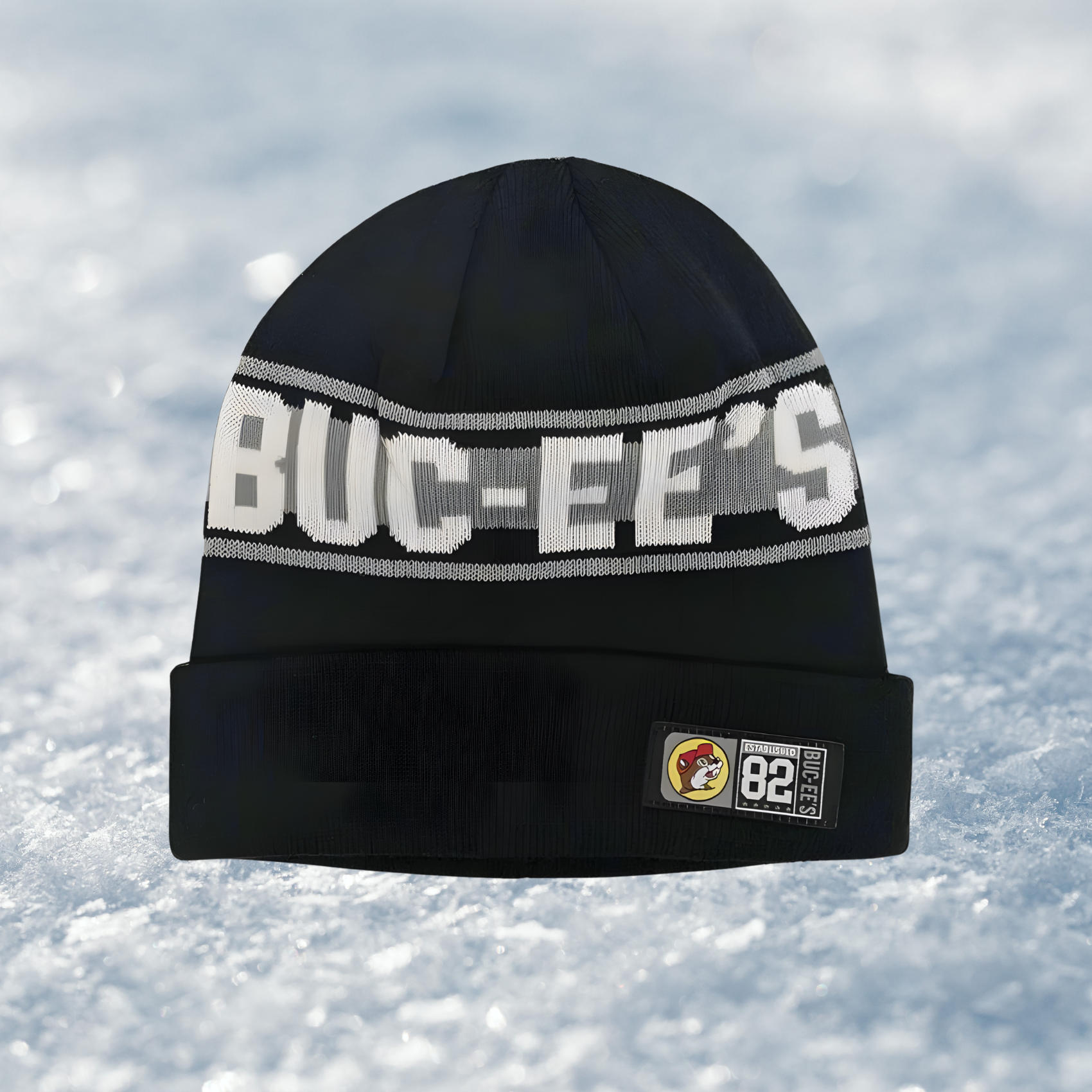 A Buc-ee’s unisex knit beanie in red colorway featuring knit Buc-ee’s lettering and the beaver logo on a winter, snow background
