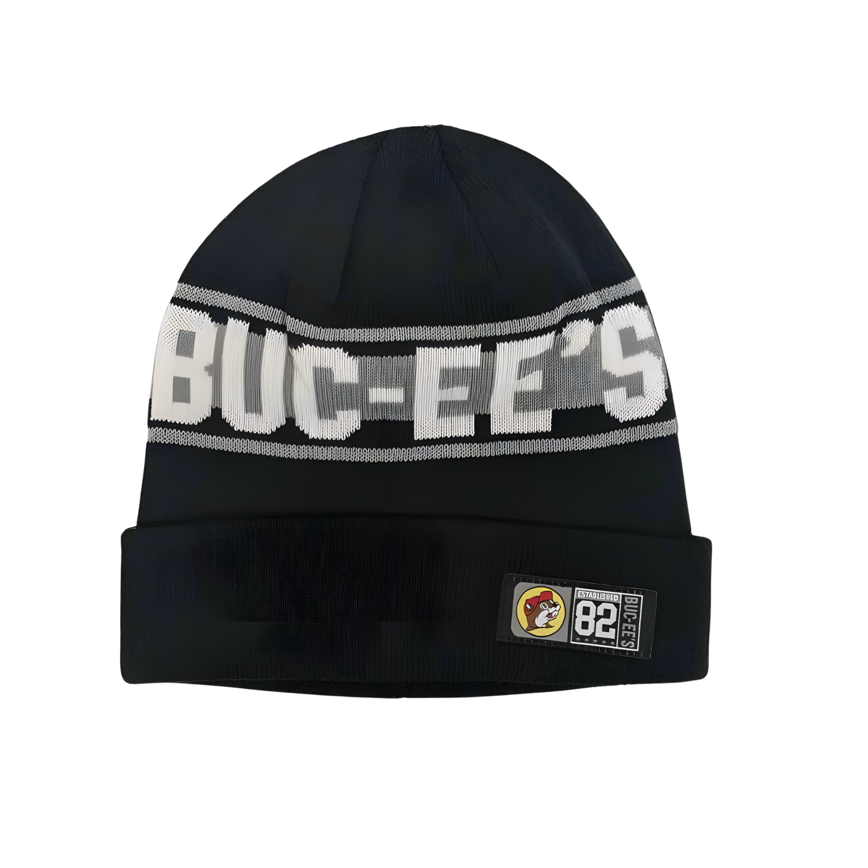 A Buc-ee’s unisex knit beanie in gray and black colorway featuring knit Buc-ee’s lettering and the beaver logo on a white background