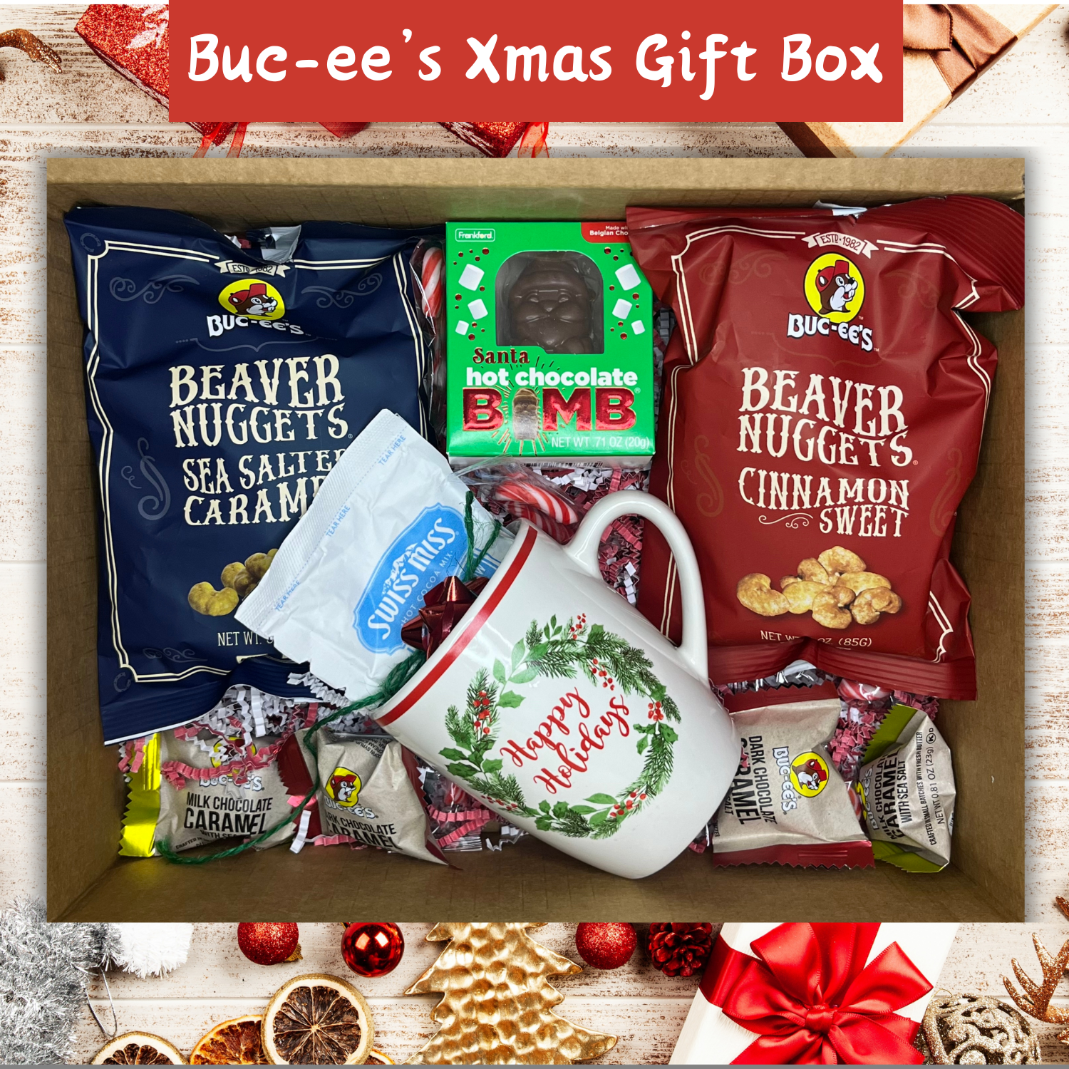 Buc-ee's Christmas Snack Box filled with holiday treats – perfect for gifting.