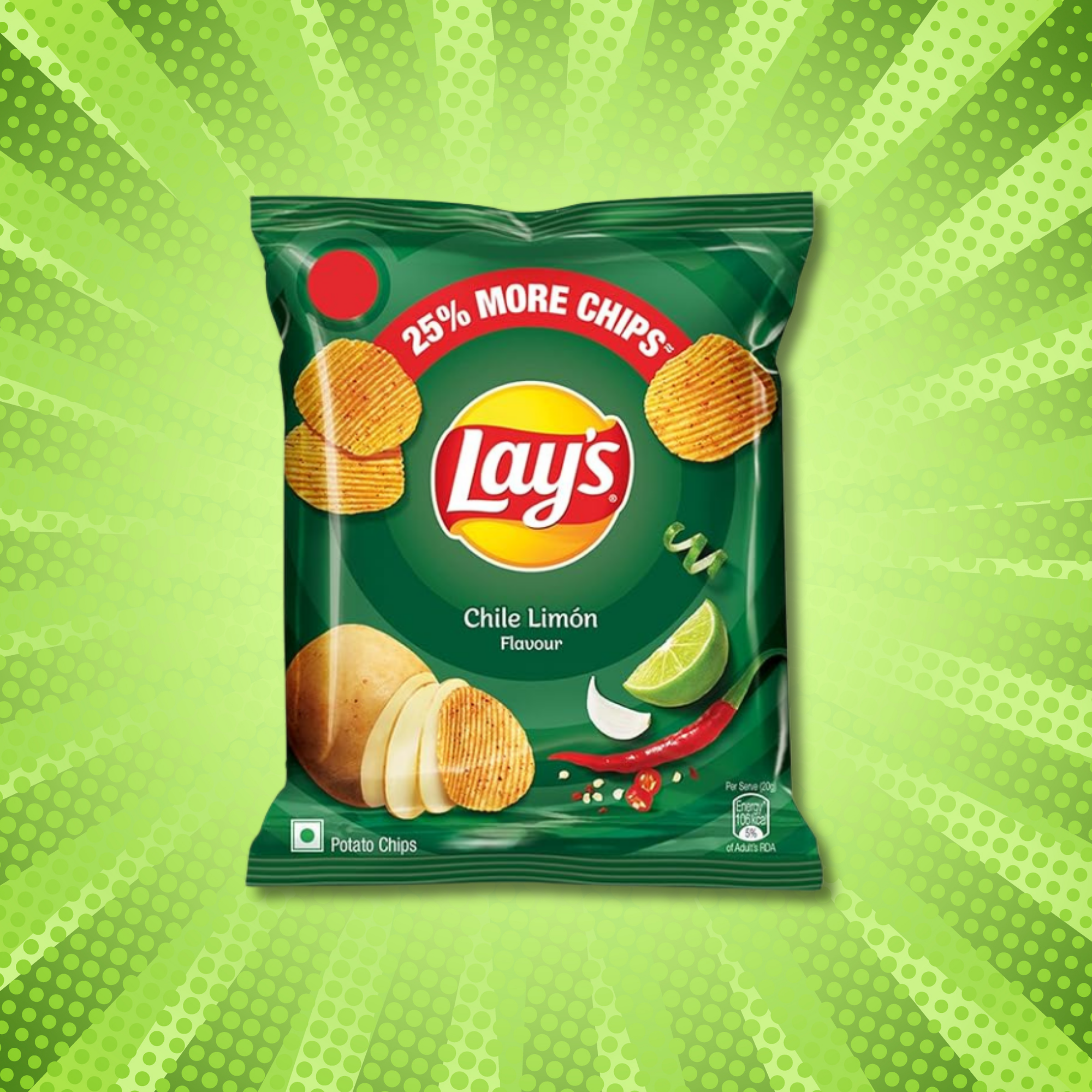 A green bag of Lay's Chile Limón potato chips from India. The packaging shows chips, lime and chili graphics. Background has a vibrant green burst pattern.